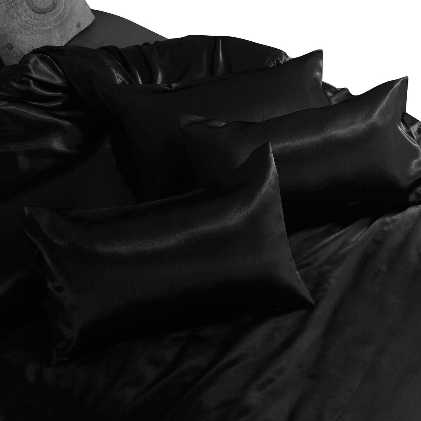 ROOEE 6PCS Satin Silk Complete Bedding Set Fitted Sheet Duvet Cover Pillow Cases