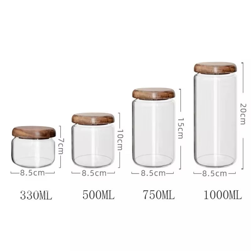 Transparent Food Storage Container Jar Acacia Wood round Tea Jar Dried Fruit Snacks Kitchen Glass Sealed Storage Jar