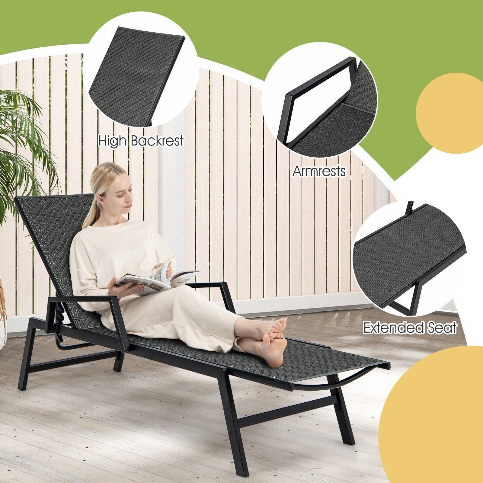 COSTWAY Wicker Outdoor Chaise Lounge Adjustable Rattan Garden Lounge Chair