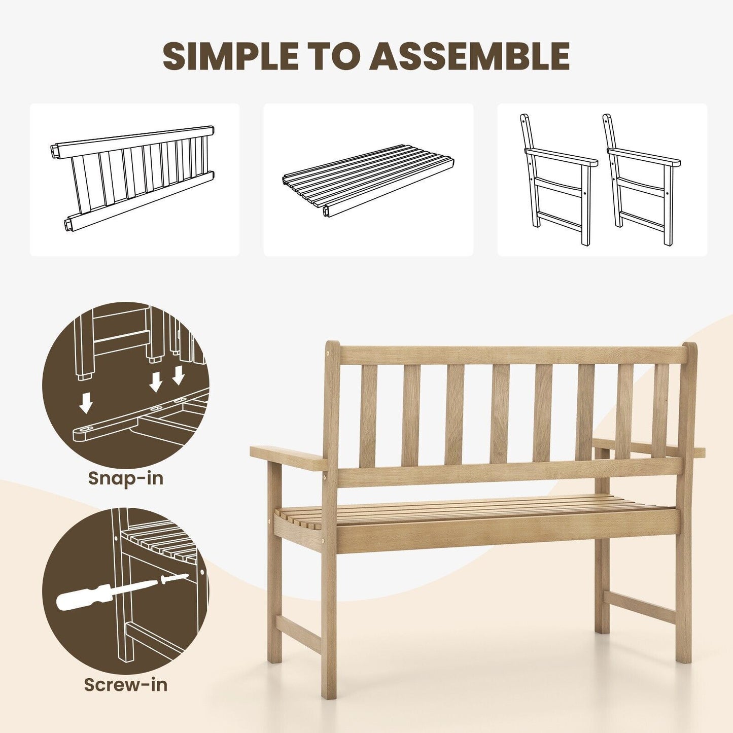 Wood Garden Bench 2-Person Patio Lounger Loveseat Slatted Seat with Backrest