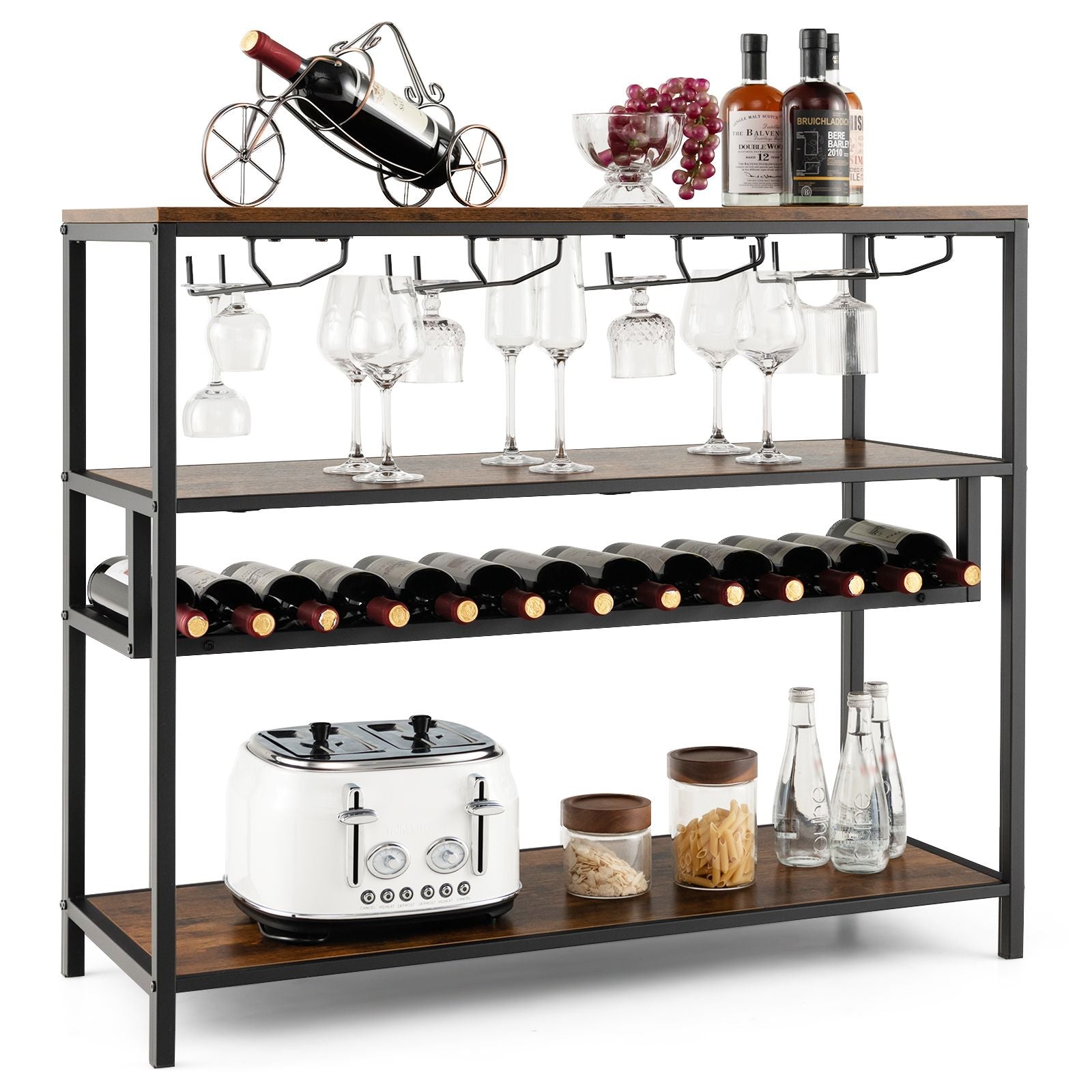 Industrial Bar Cabinet with Wine Rack & 4 Rows of Glass Holders