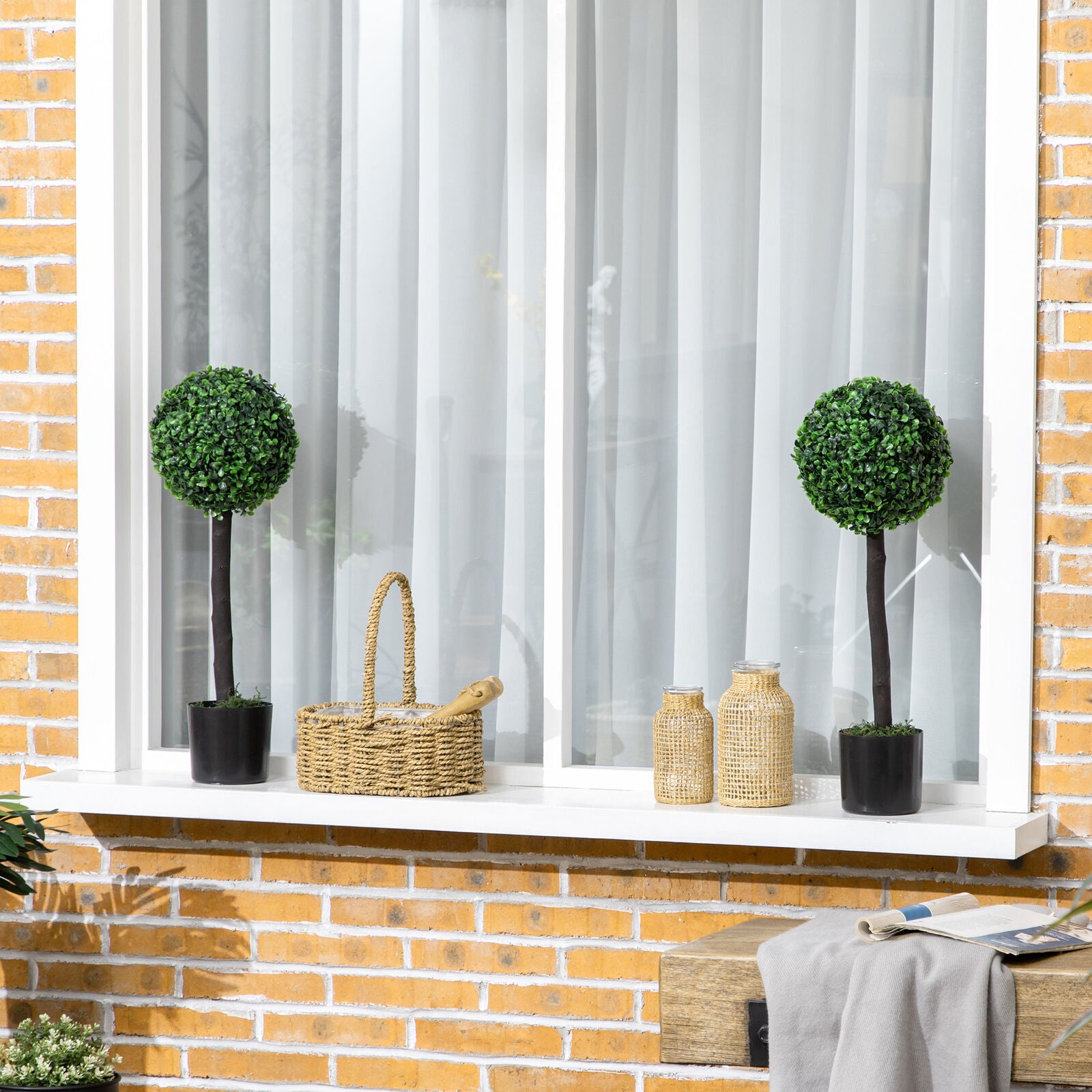 HOMCOM Set of 2 Potted Artificial Plants Boxwood Ball Trees Indoor Outdoor, 60Cm