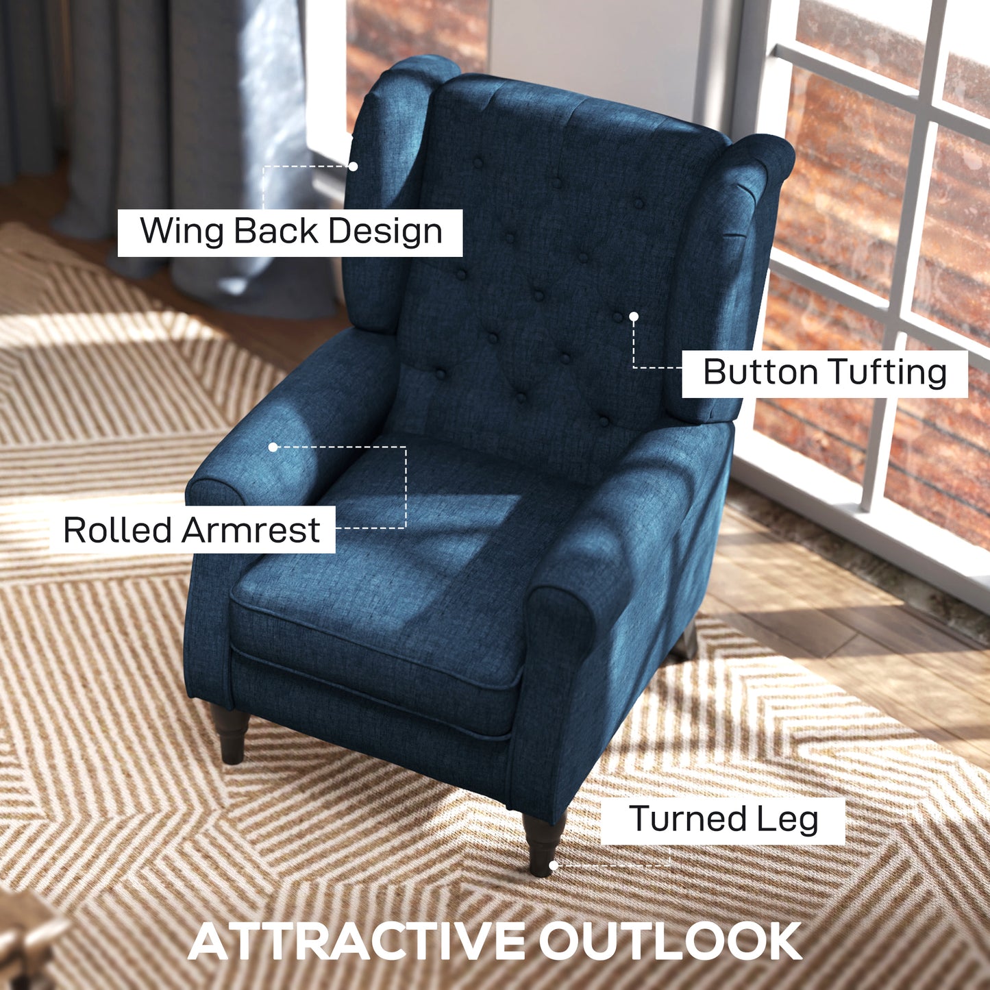 Retro Accent Chair Wingback Armchair with Wood Frame for Living Room