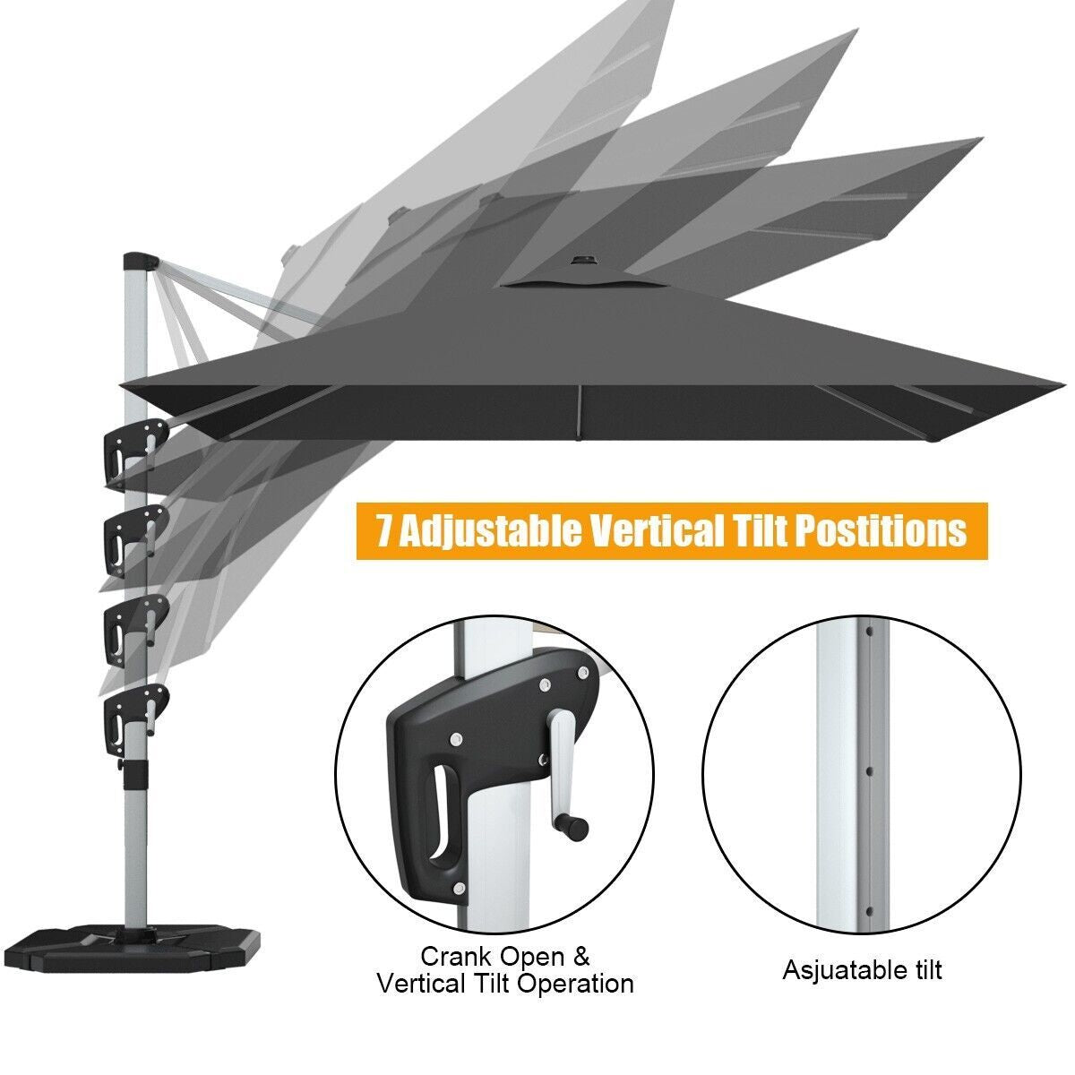 3M Cantilever Garden Parasol with Tilted Design and 360° Rotation