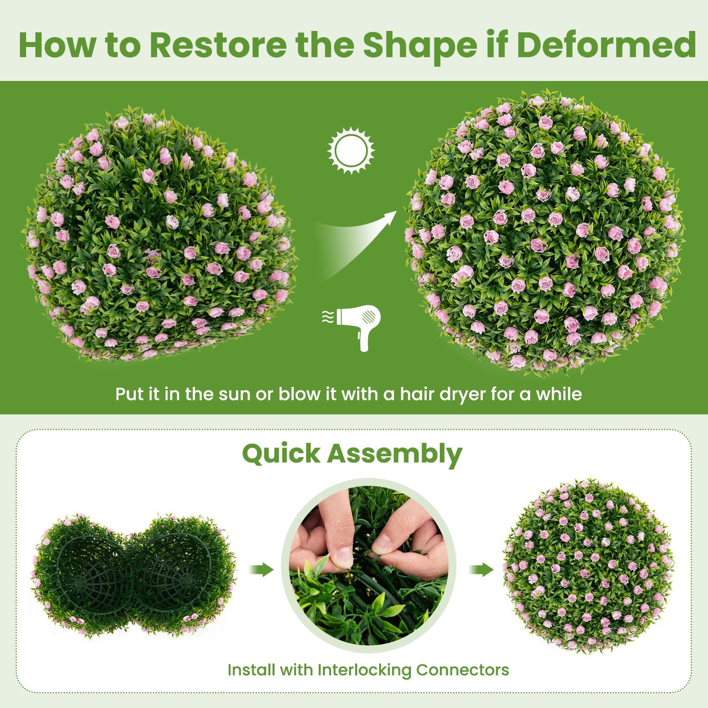 2 Pieces Artificial Plant Topiary Balls with Pink Flowers