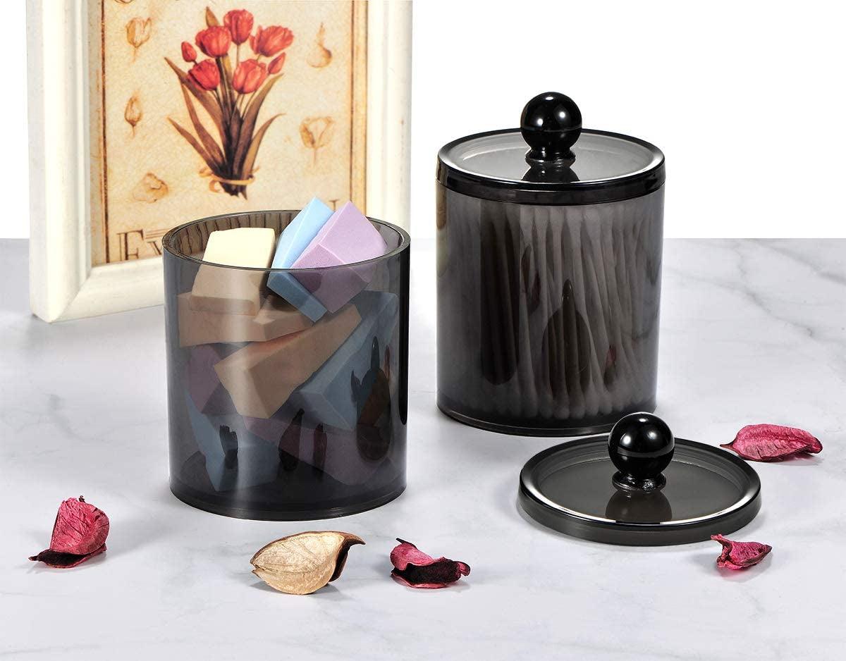 6 Pack Qtip Dispenser Apothecary Jars Bathroom with Labels - Qtip Holder Storage Canister Clear Plastic Acrylic Jar for Cotton Ball,Cotton Swab,Cotton Rounds,Floss Picks, Hair Clips (Black)