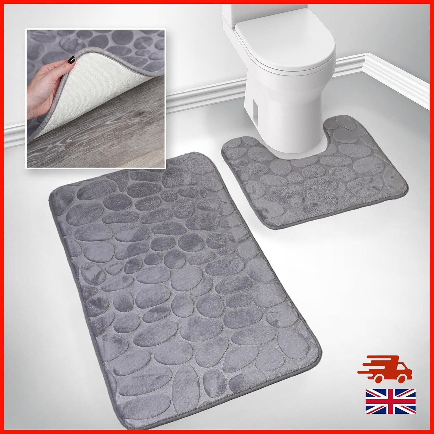 2 PCS Bathroom NON SLIP BATH MAT MEMORY FOAM ULTRA SOFT TOILET BATHROOM RUGS