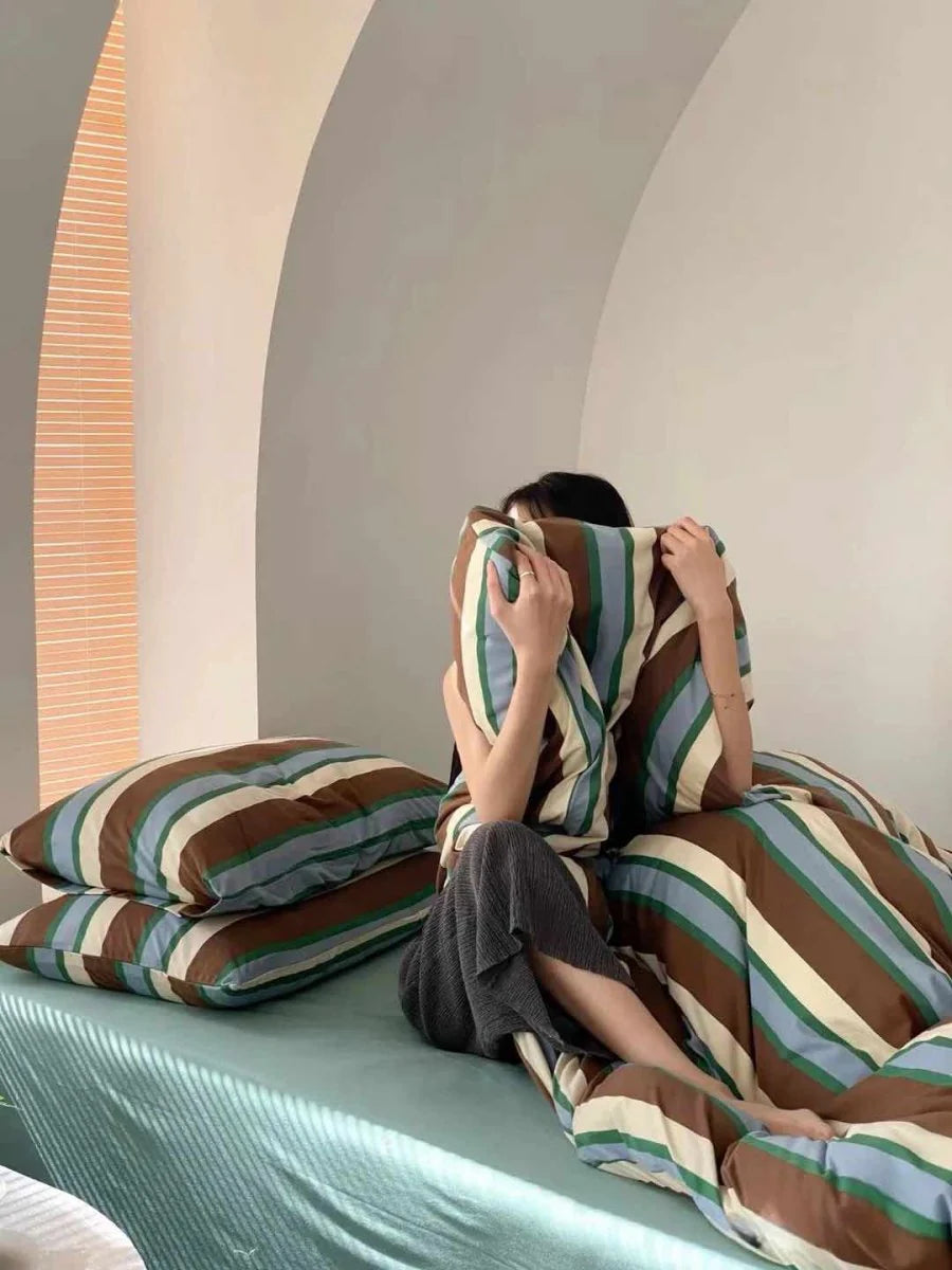 Retro Earthy Tone Stripe Queen Duvet Cover Set with Pillowcases, 100% Cotton