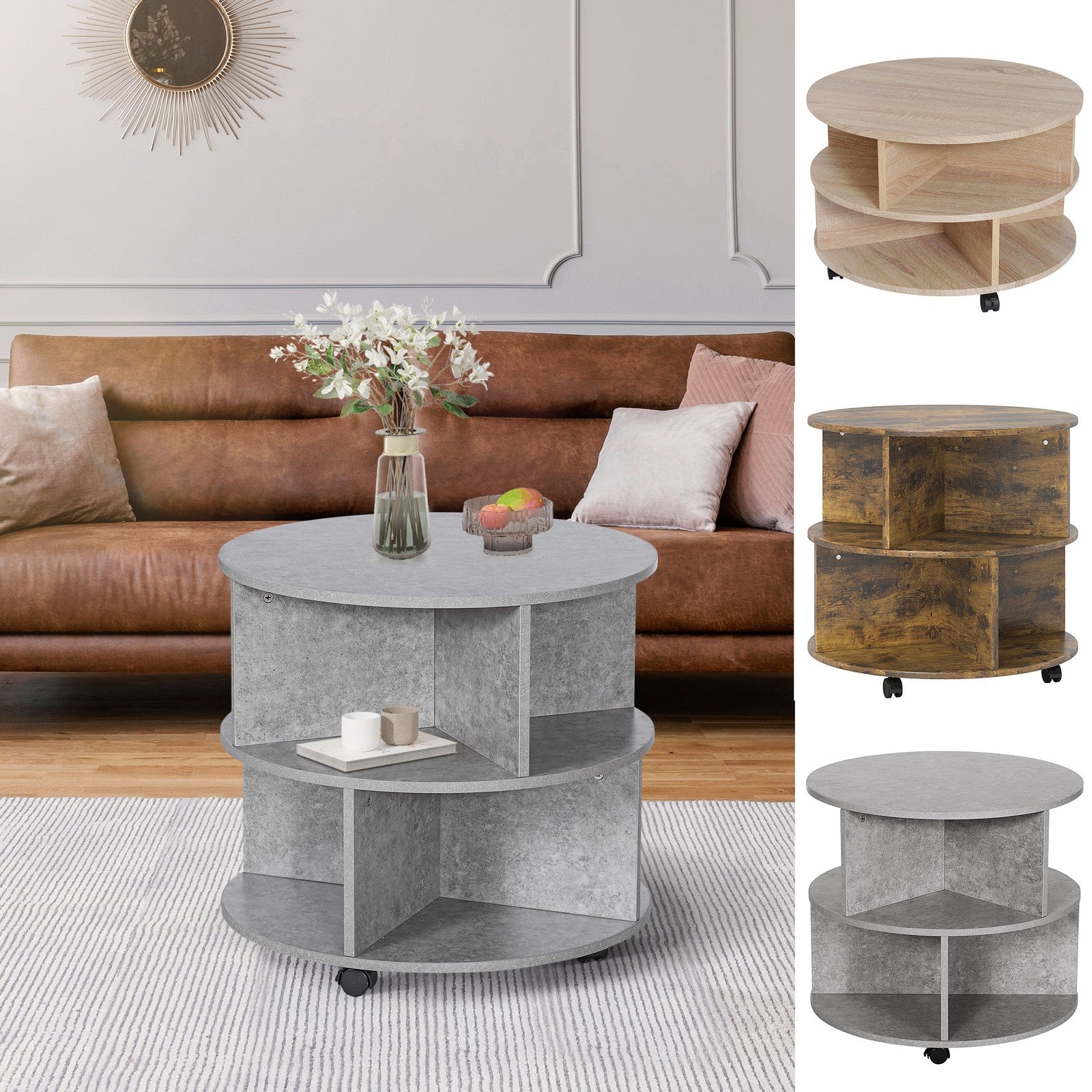 3 Tier round Coffee Table with Storage Shelves for Living Room