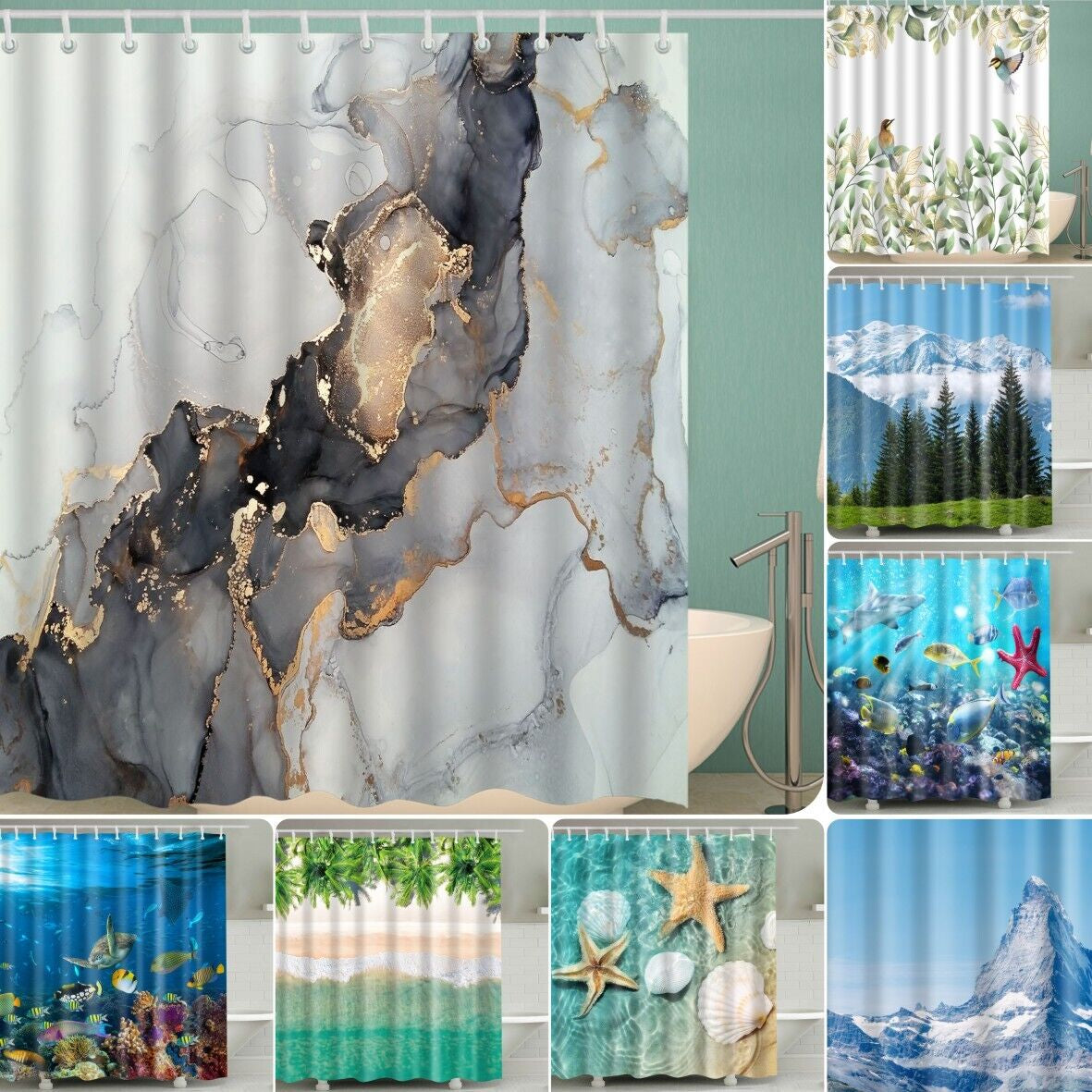 New Waterproof Polyester Fabric Bathroom Shower Curtain Sheer Panel 12 Hooks