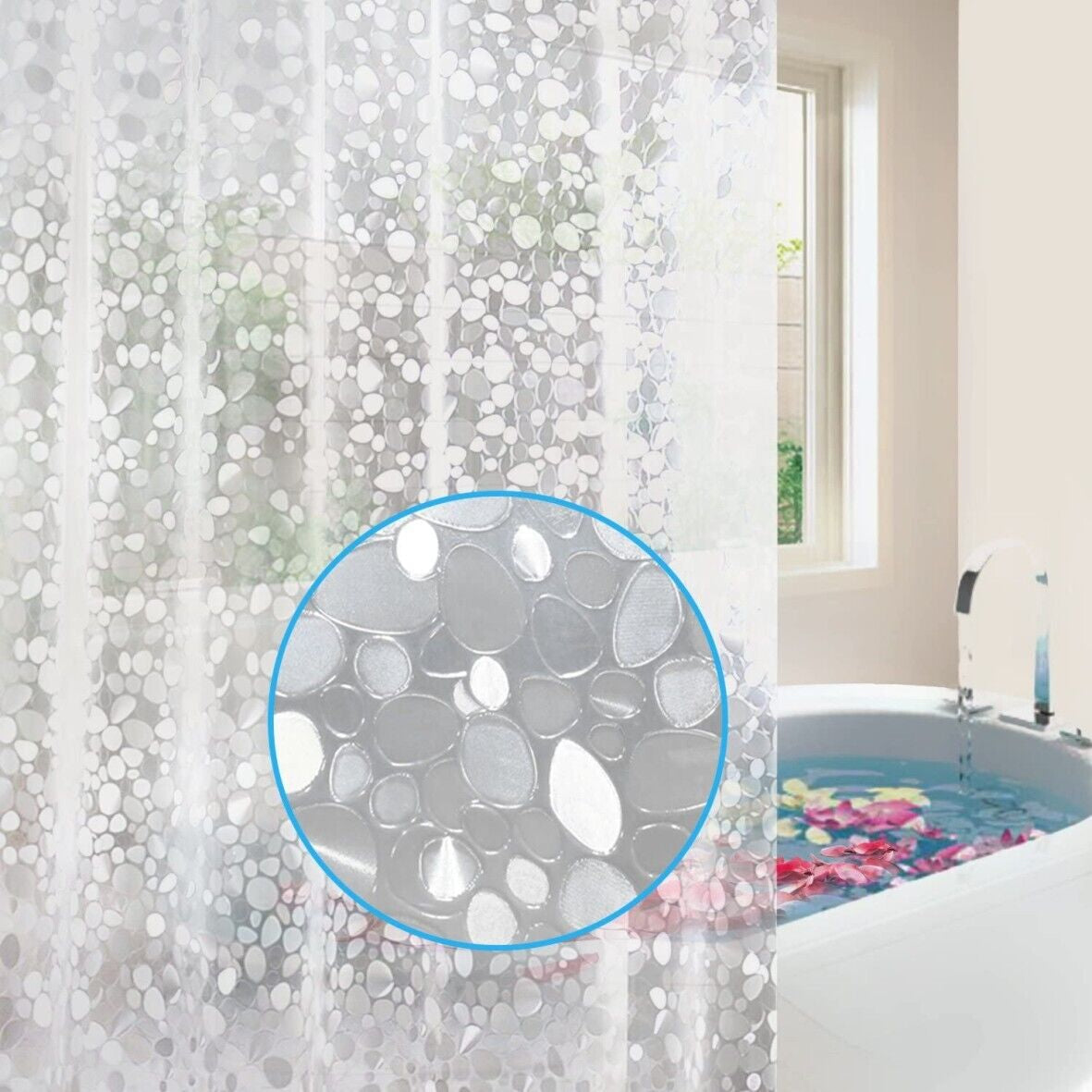 3D Design Modern PEVA Shower Curtain Bathroom Waterproof with Hooks 180Cmx180Cm