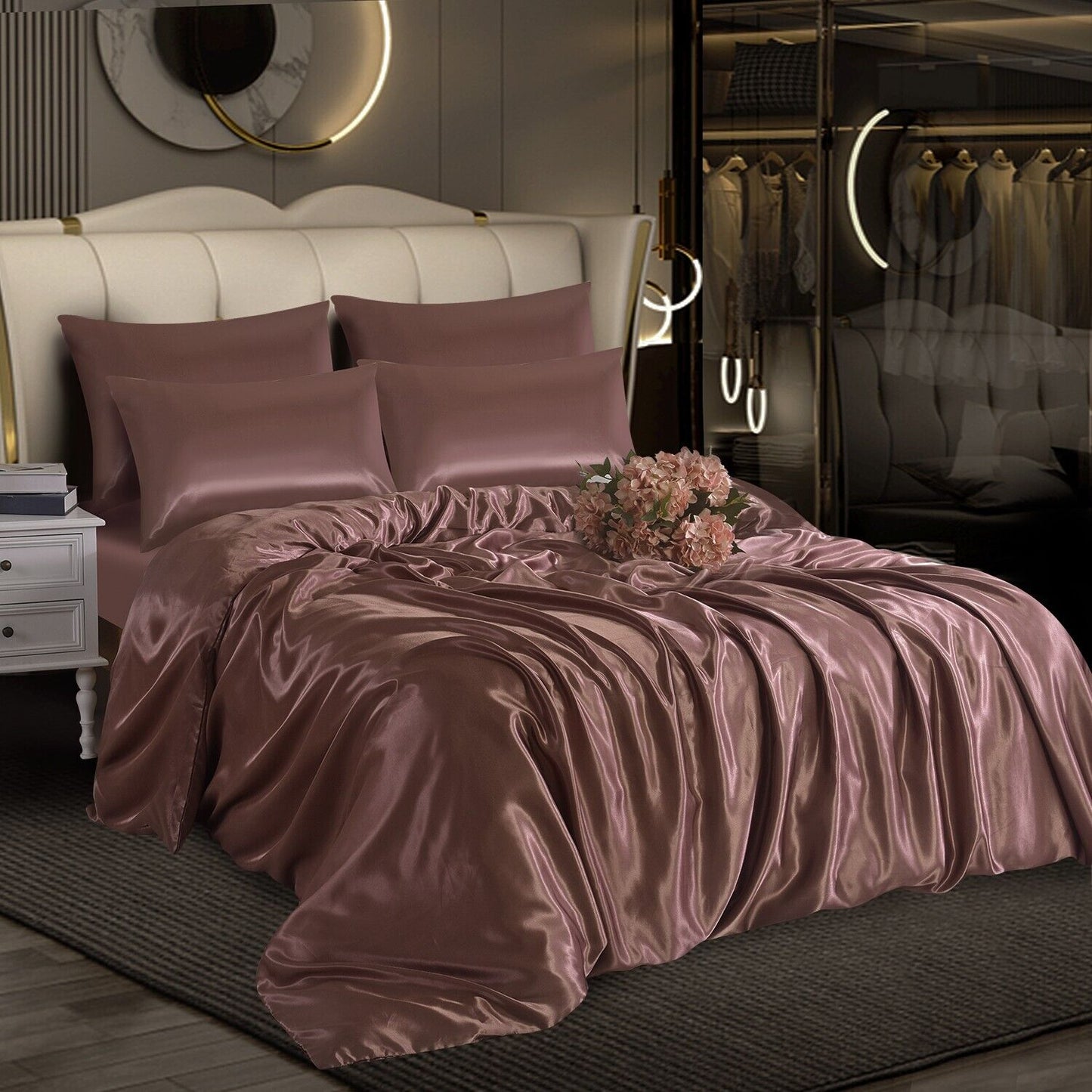 ROOEE 6PCS Satin Silk Complete Bedding Set Fitted Sheet Duvet Cover Pillow Cases