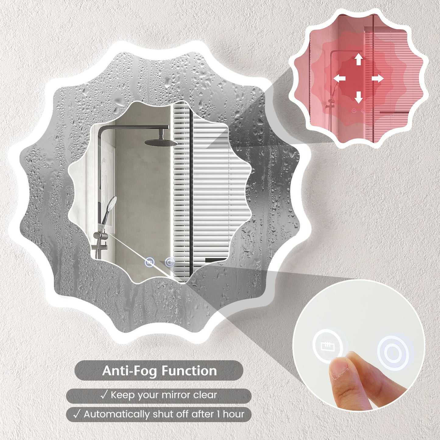 60 X 60 Cm LED Waved Edge round Wall Mirror with 3-Color Lights