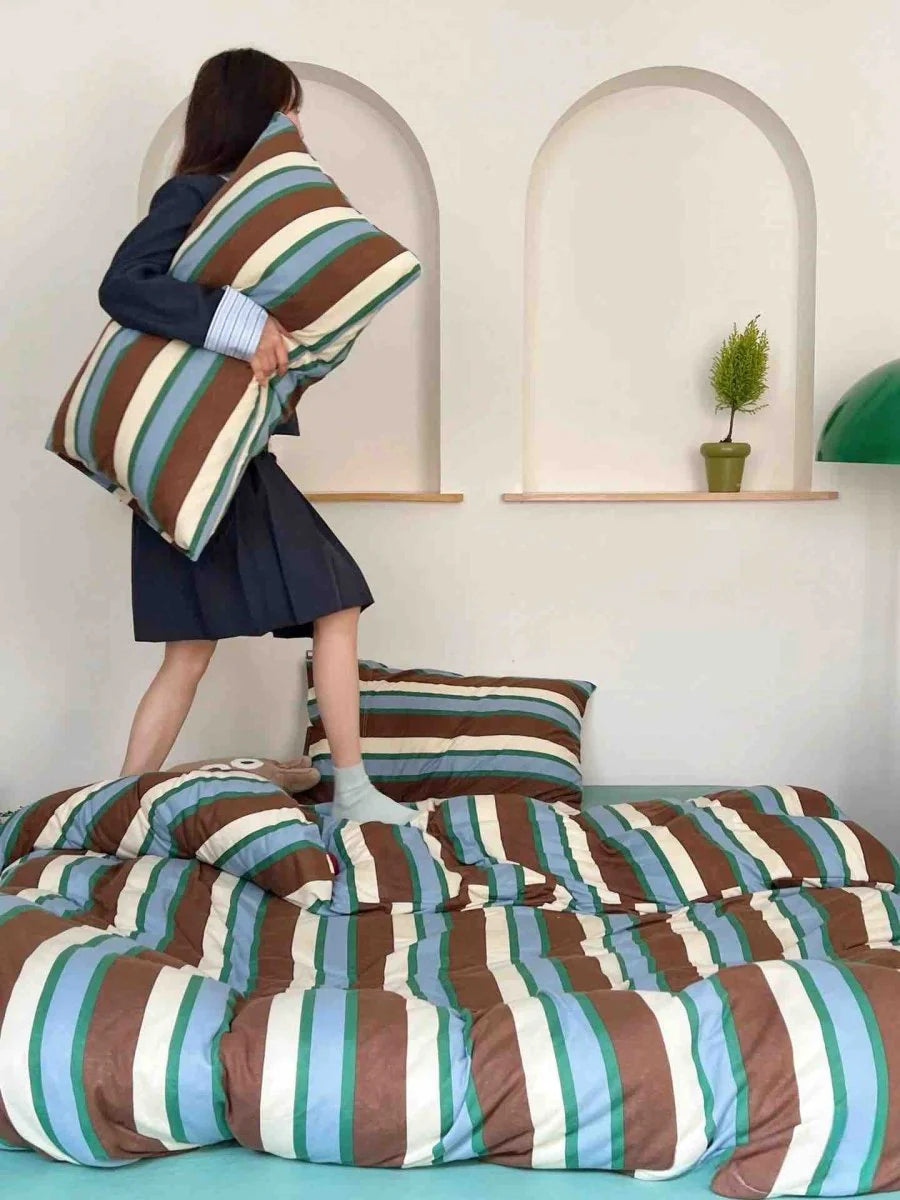 Retro Earthy Tone Stripe Queen Duvet Cover Set with Pillowcases, 100% Cotton