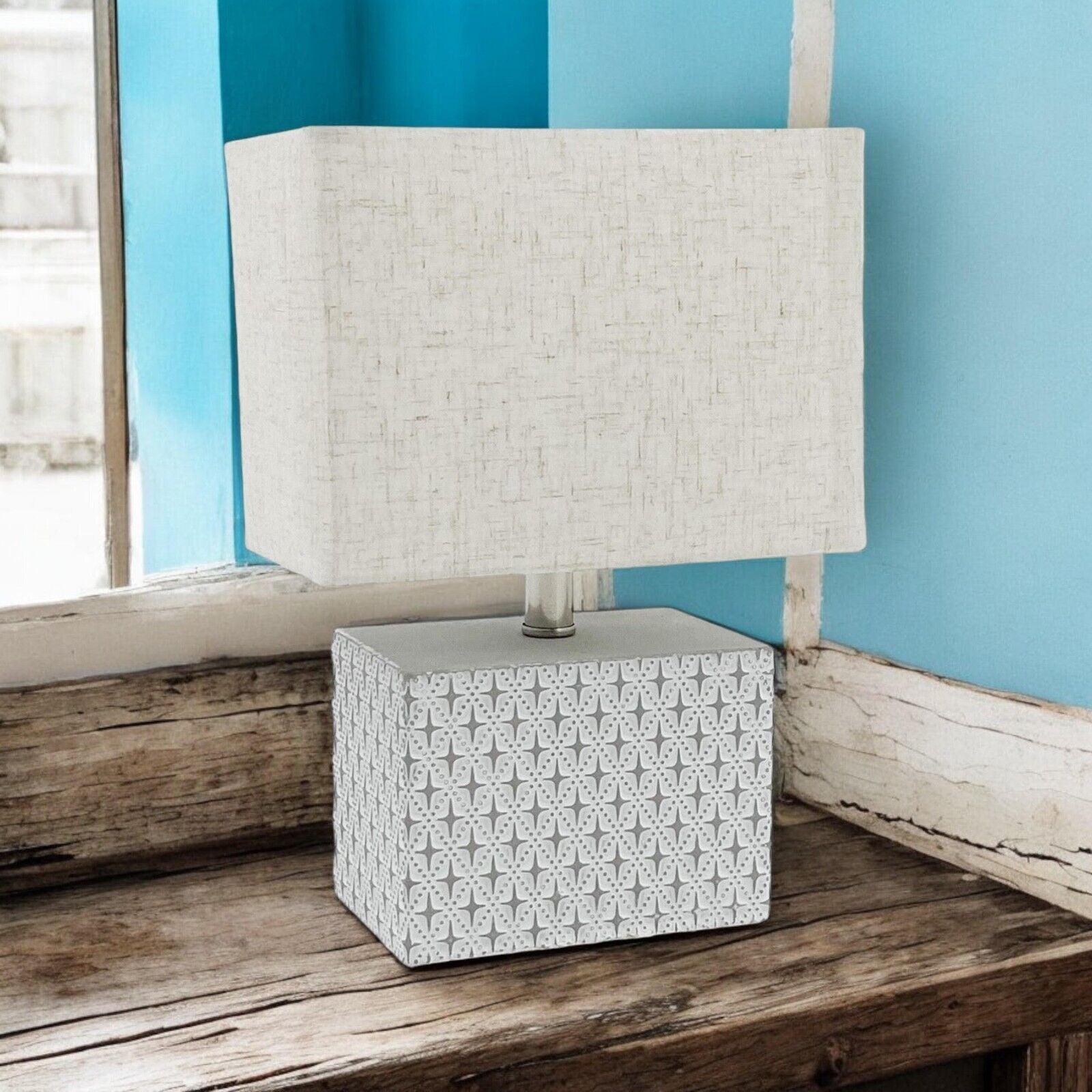 Stylish Cream Cement Table Lamp with Fabric Shade – Compact Lighting for Bedroom