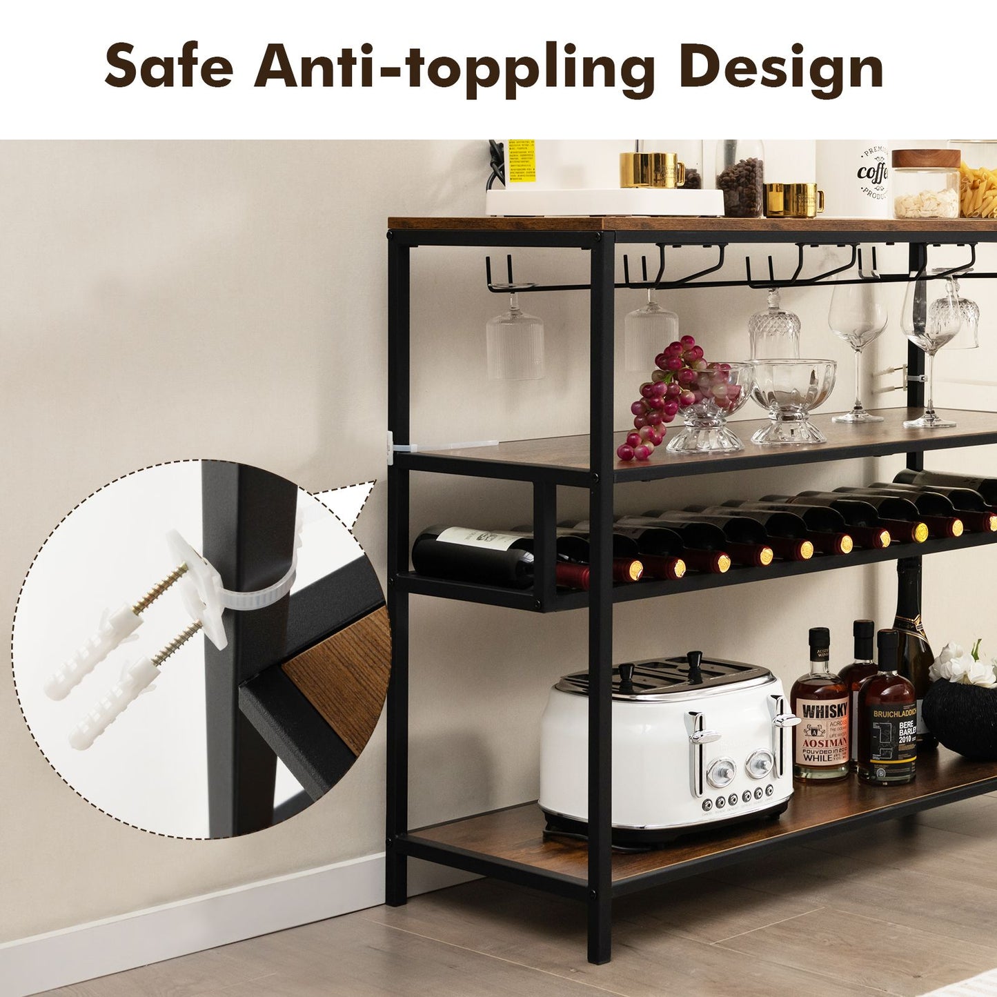 Industrial Bar Cabinet with Wine Rack & 4 Rows of Glass Holders
