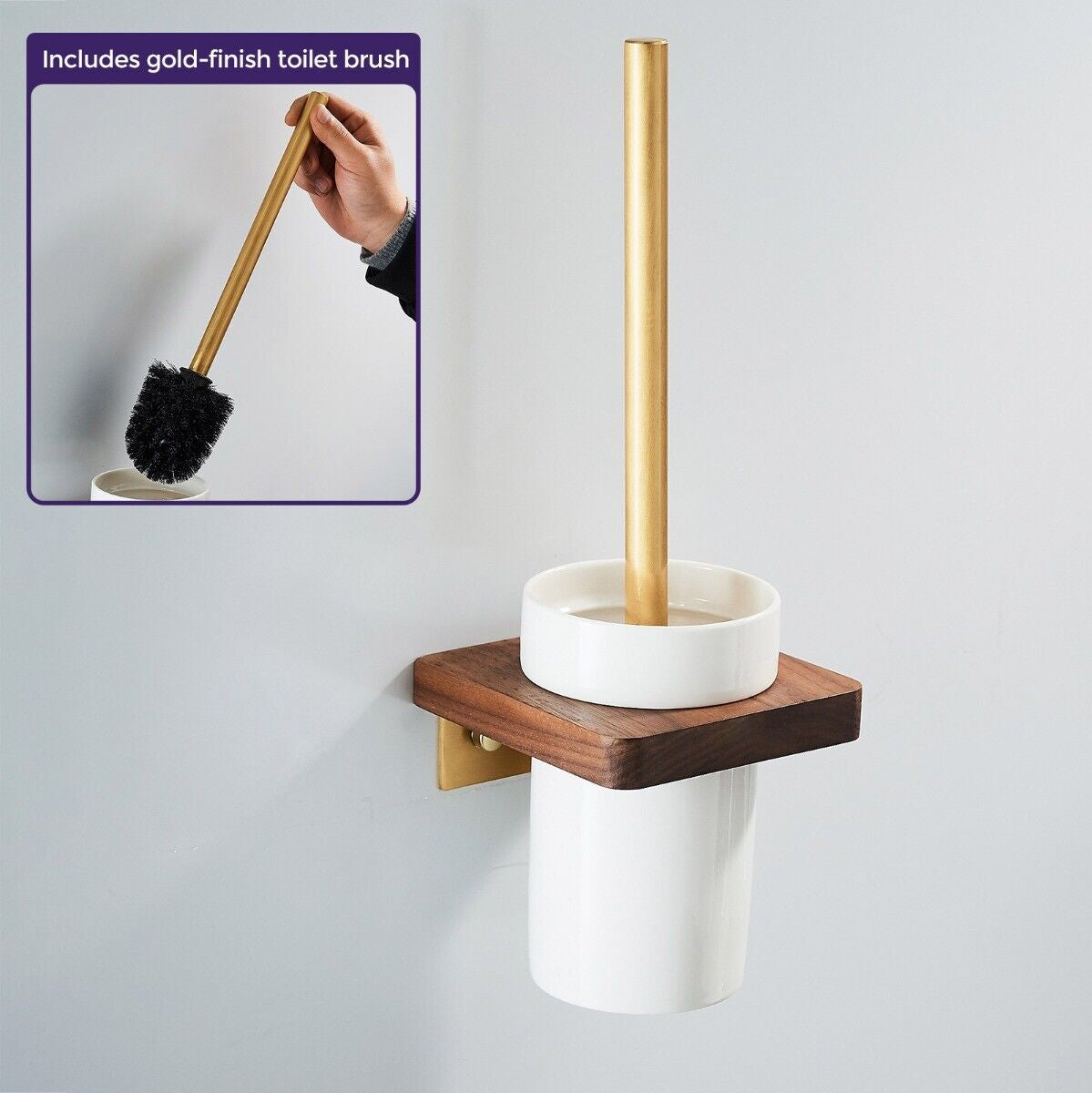 Abloh Luxury Toilet Brush, Holder and Ceramic Bowl Wooden Walnut & Gold