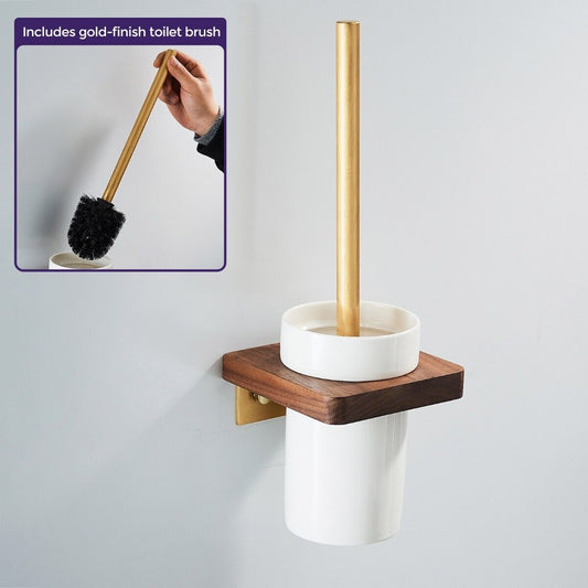 Abloh Luxury Toilet Brush, Holder and Ceramic Bowl Wooden Walnut & Gold