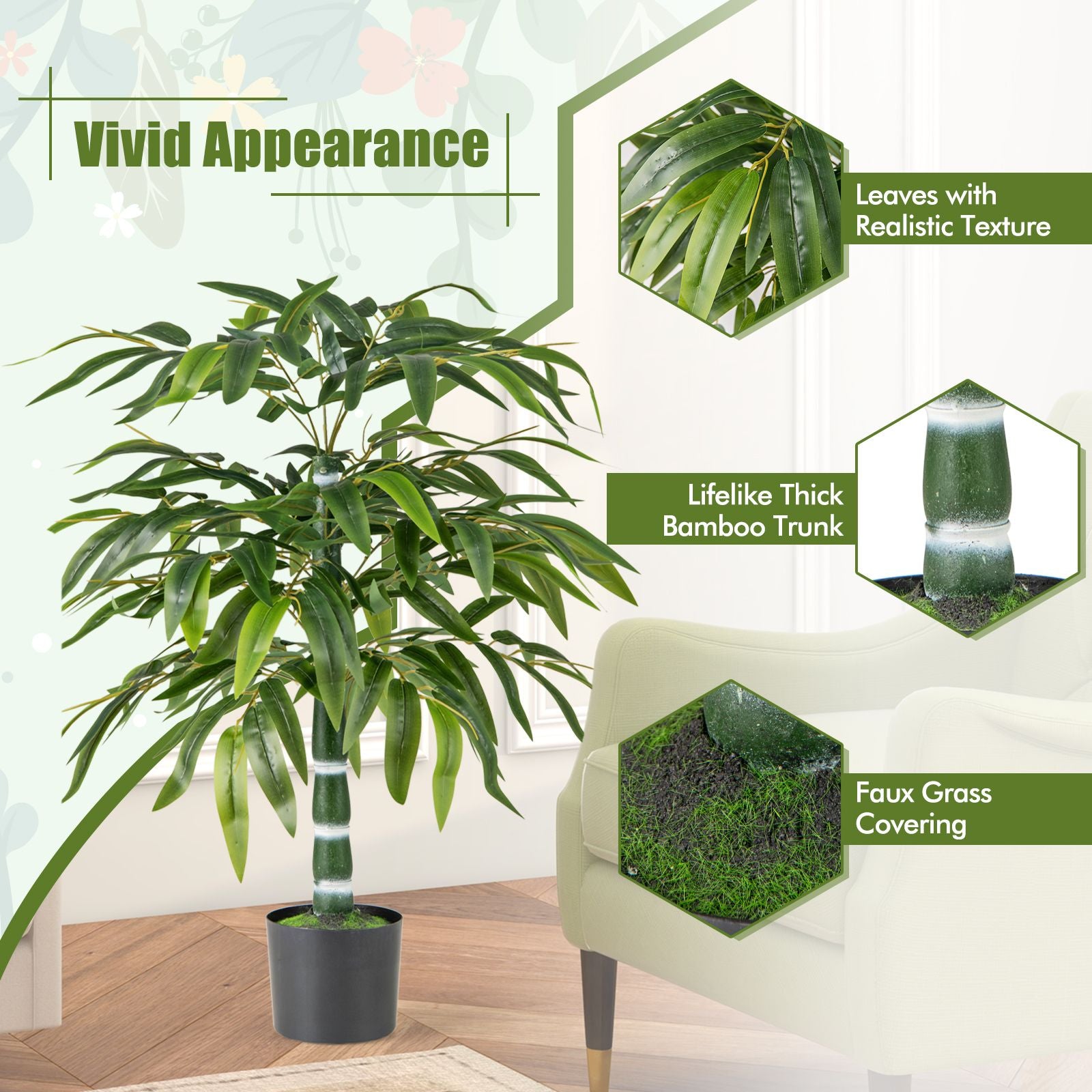 100 CM Artificial Bamboo Tree Set of 2 with Plastic Nursery Pot and Adjustable Branches