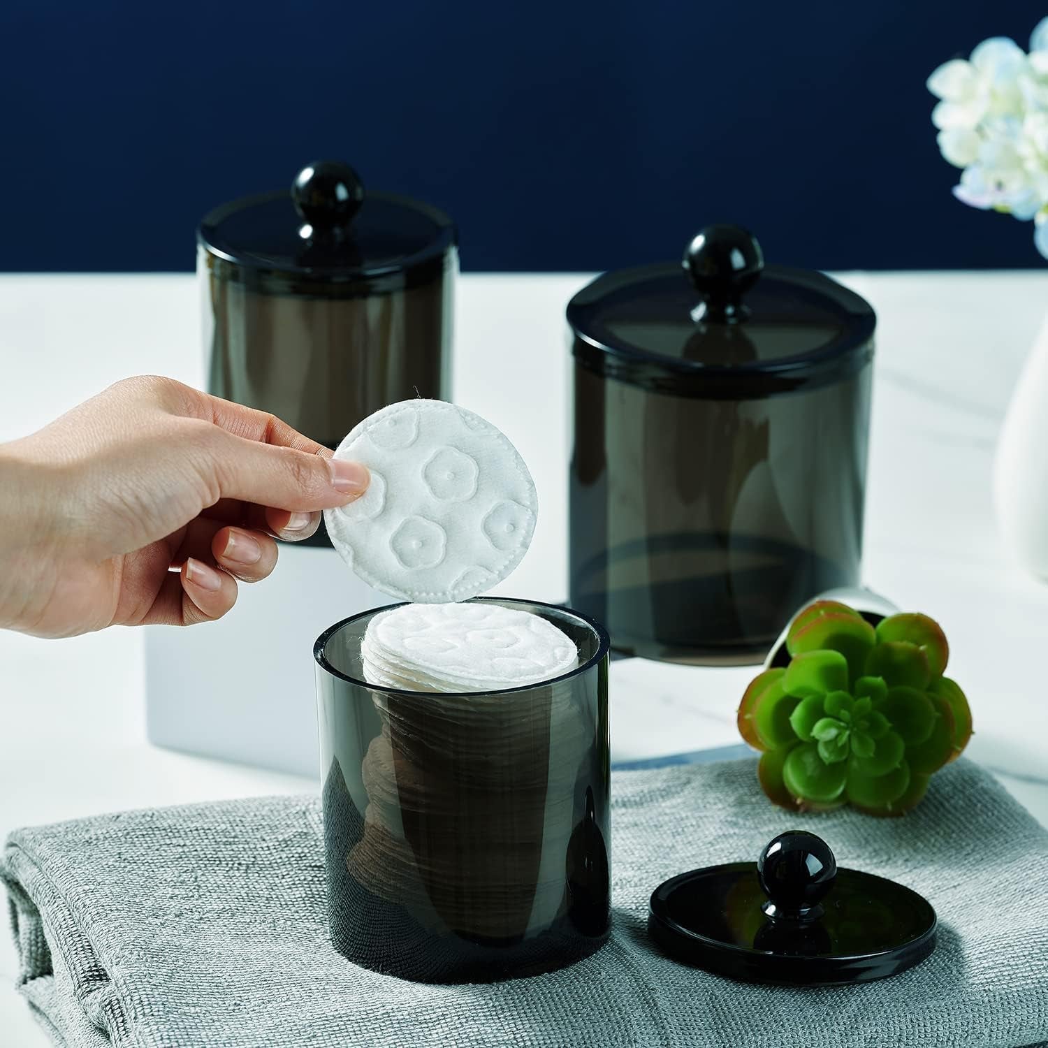 6 Pack Qtip Dispenser Apothecary Jars Bathroom with Labels - Qtip Holder Storage Canister Clear Plastic Acrylic Jar for Cotton Ball,Cotton Swab,Cotton Rounds,Floss Picks, Hair Clips (Black)