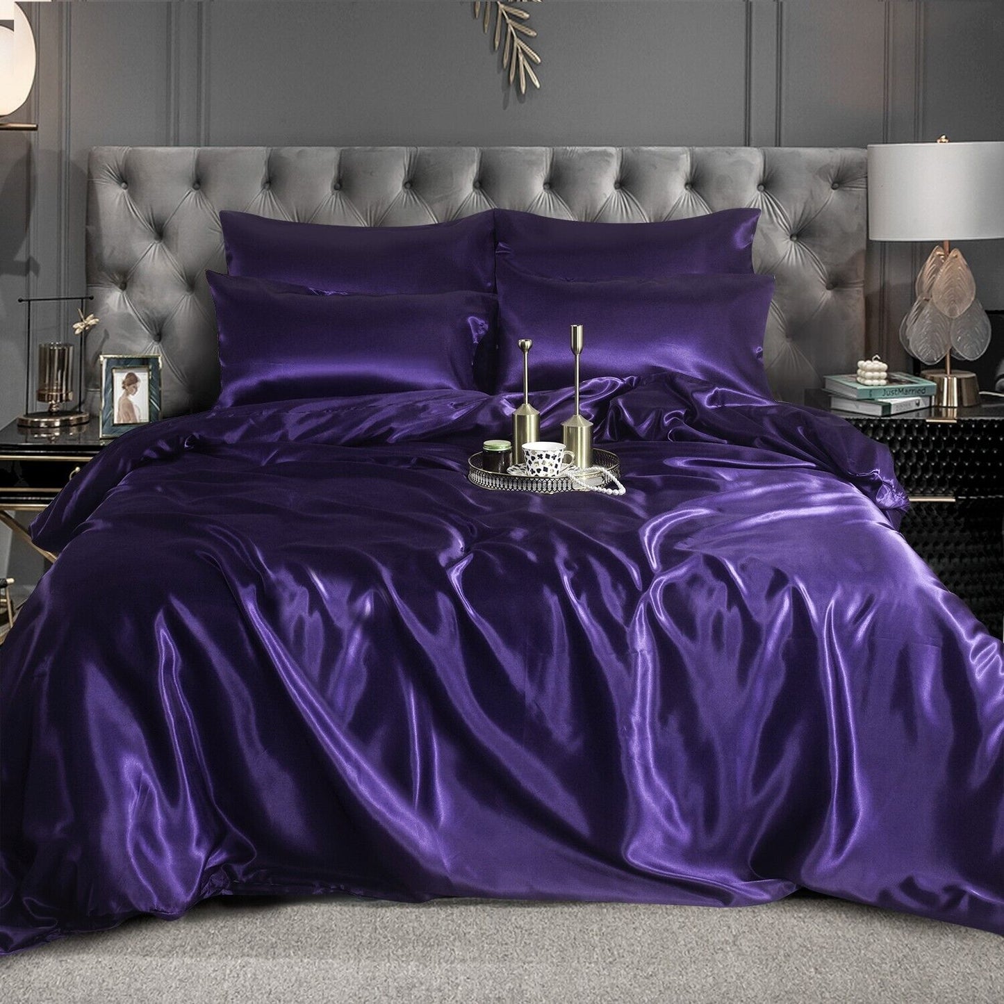 ROOEE 6PCS Satin Silk Complete Bedding Set Fitted Sheet Duvet Cover Pillow Cases