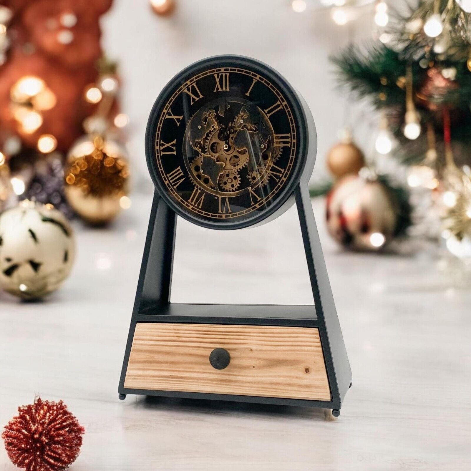 Mantel Gear Clock Moving Gears Drawer Silent Sweep Clock round Black and Gold