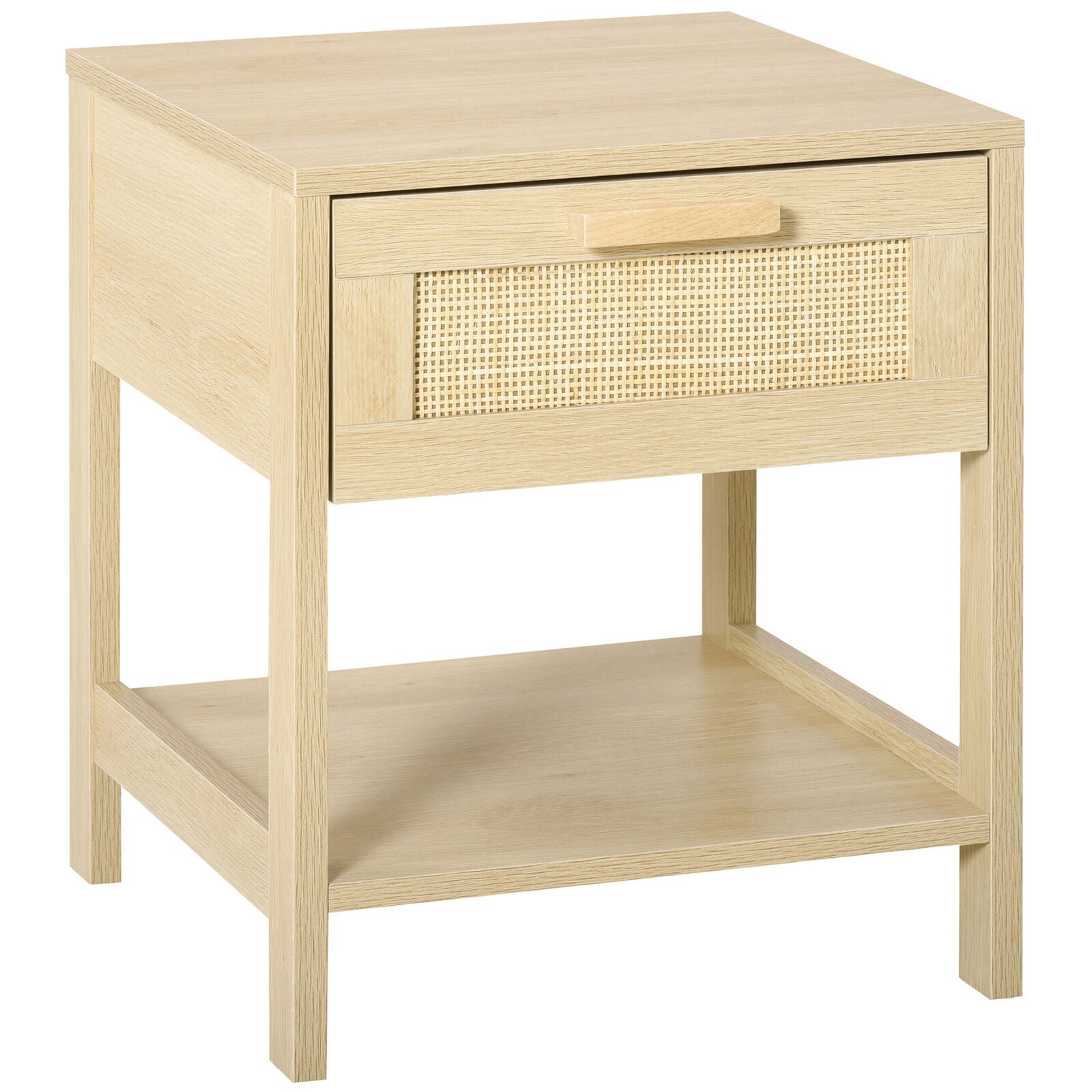 Bedside Table Nightstand W/ Rattan Drawer Storage Shelf Bedroom Living Room