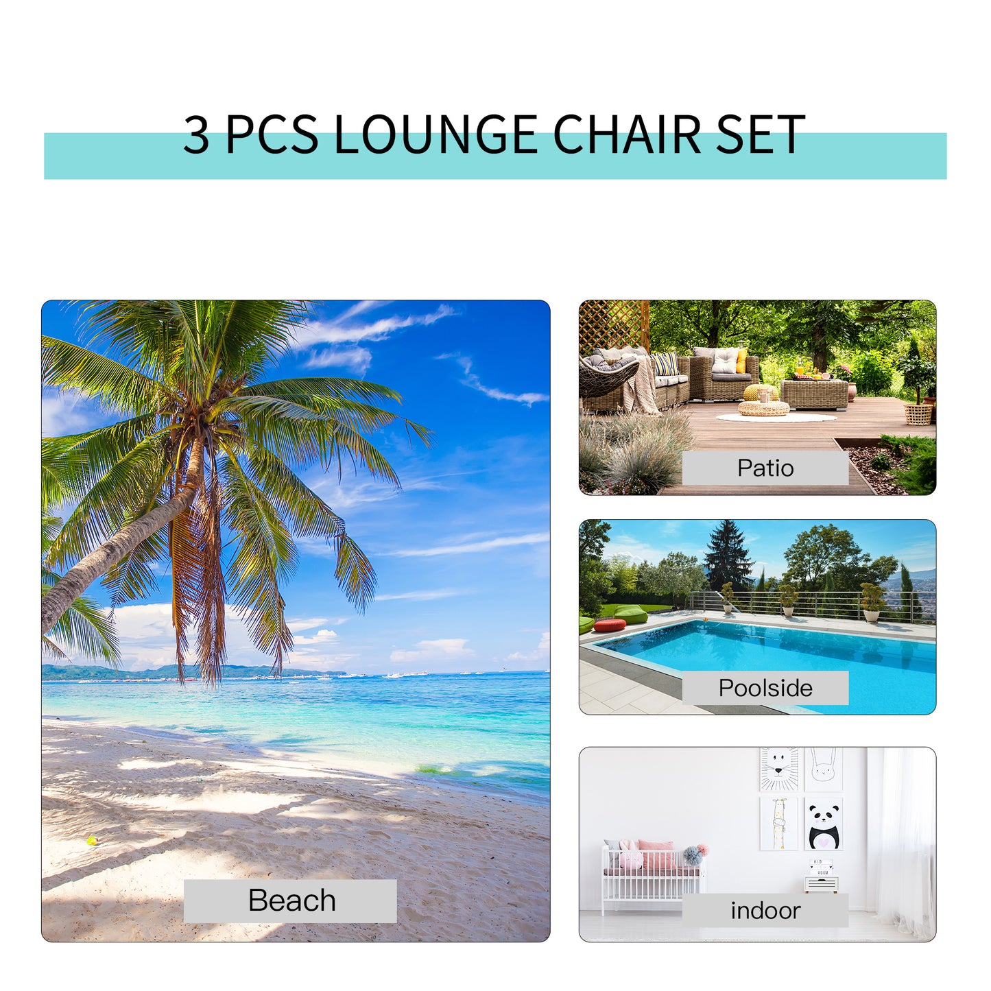 3 Pieces Lounge Chair Set Garden Recliner Chair with Coffee Table for Patio