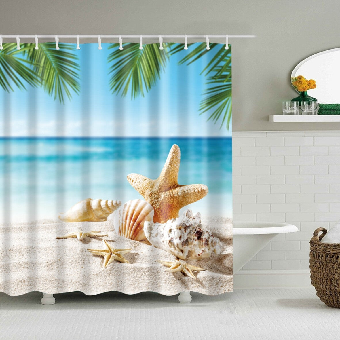Beach Starfish Ocean Print Shower Curtain Toilet Bathroom Waterproof 12 Hooks