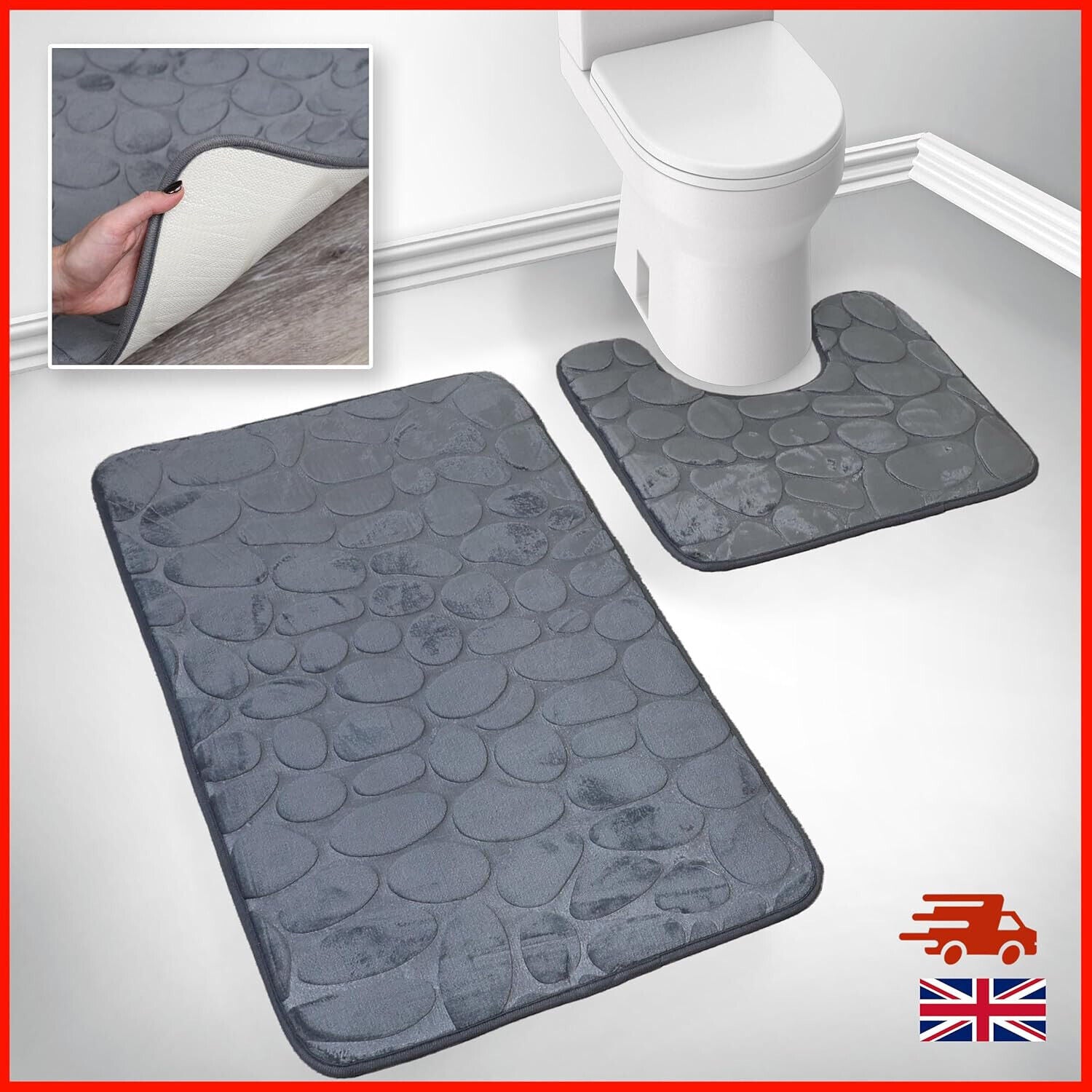 2 PCS Bathroom NON SLIP BATH MAT MEMORY FOAM ULTRA SOFT TOILET BATHROOM RUGS