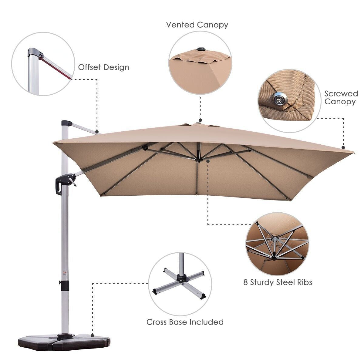 3M Cantilever Garden Parasol with Tilted Design and 360° Rotation