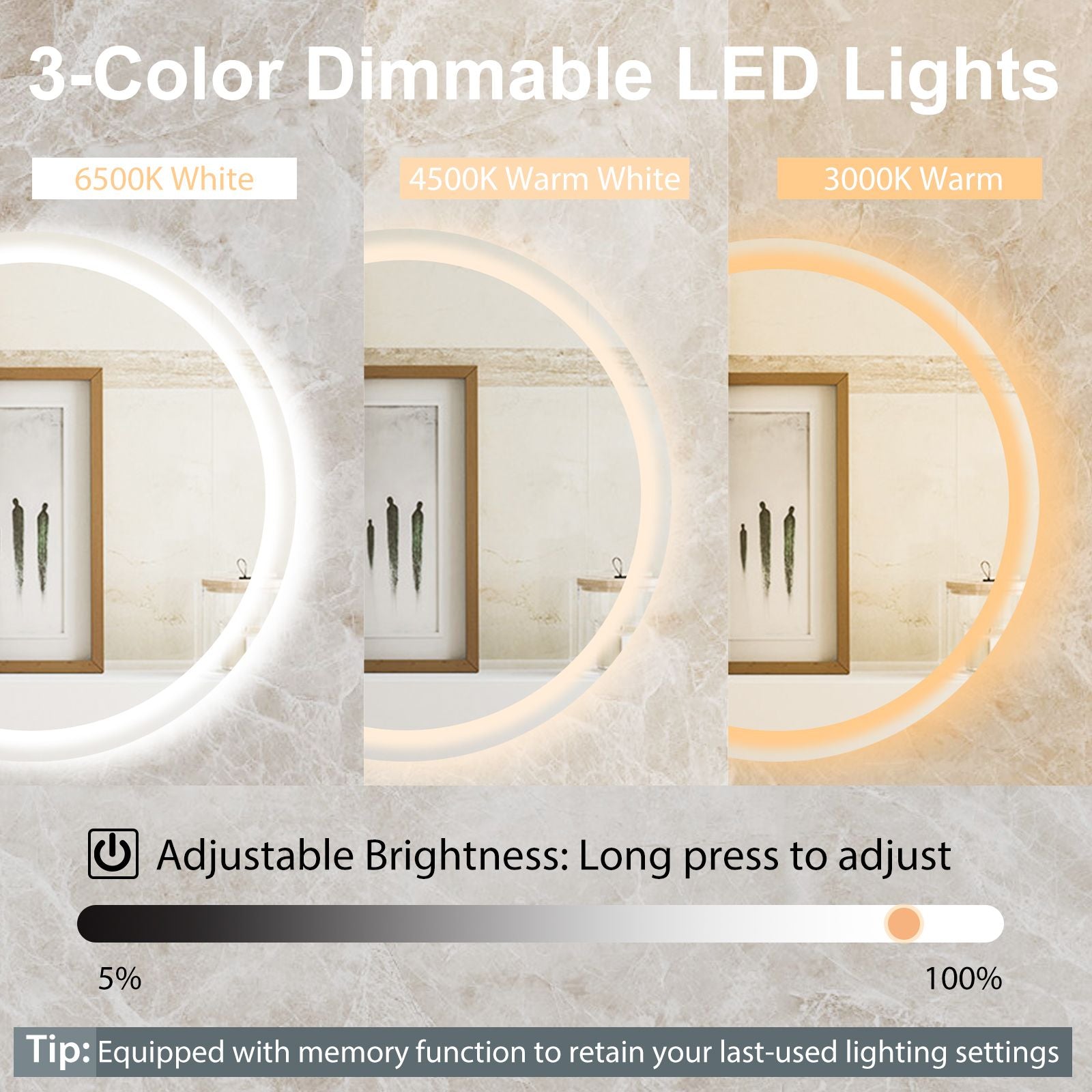 LED Bathroom Mirror with 3-Color Dimmable Lights, Time and Temp Display