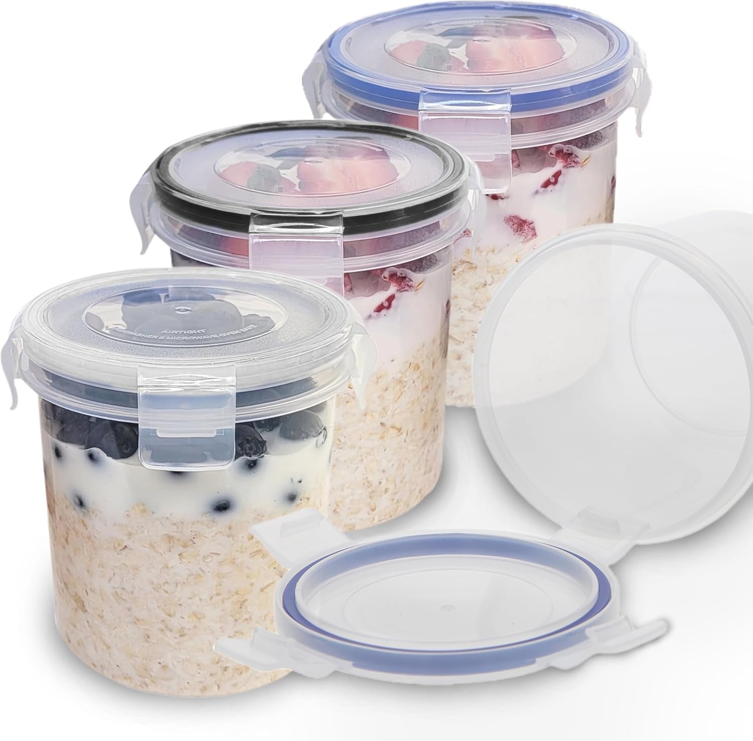 Overnight Oats Container with Lids (4-Piece Set) - 16 Oz Plastic Containers - Oatmeal Container to Go | Portable Cereal and Milk Container| Snap Lock Storage Jars with Airtight Lids