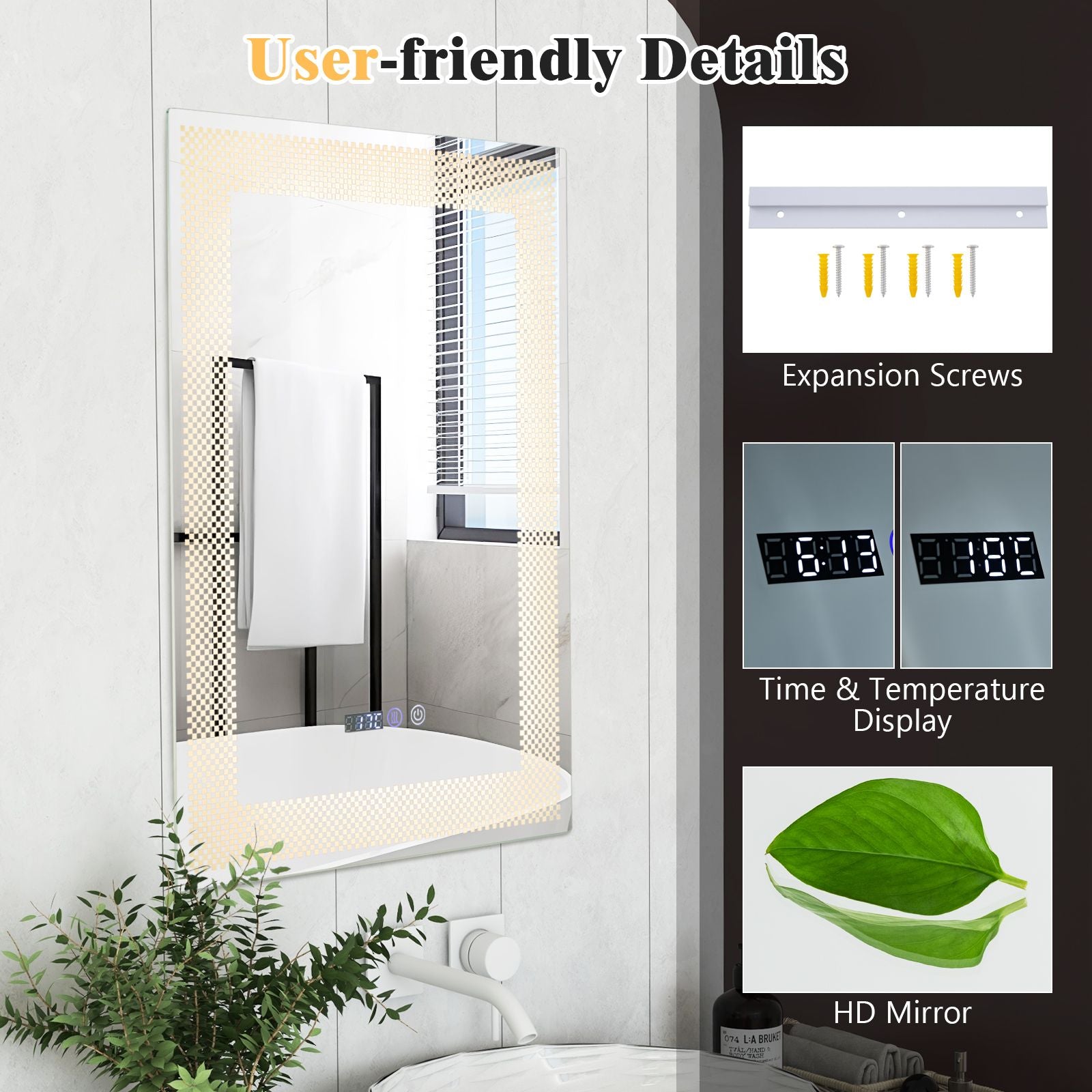 LED Wall Mounted Anti-Fog HD Vanity Mirror with 3 Color Adjustable Lights