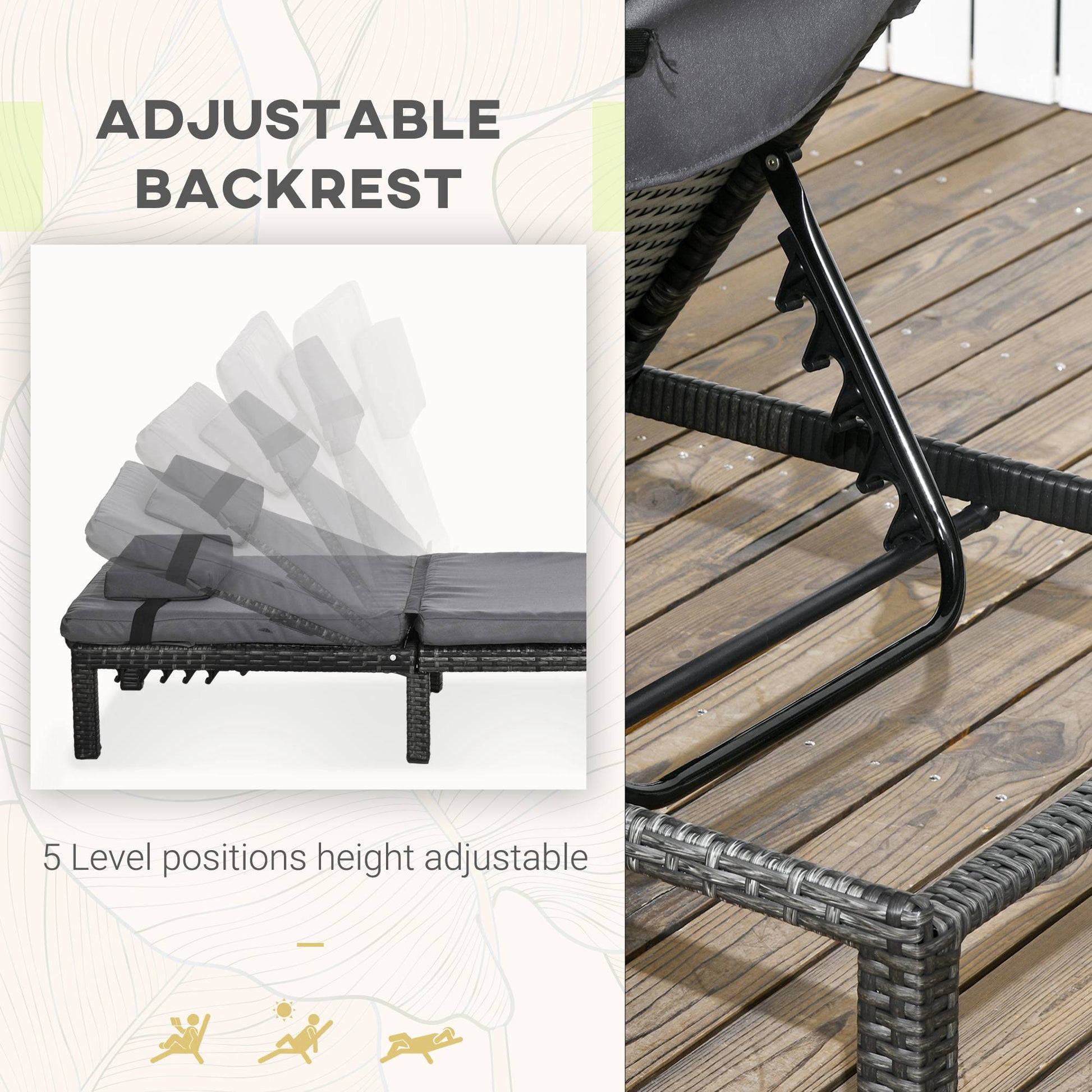 Rattan Sun Loungers Set of 2 W/ 5-Level Adjustable Backrest Headrest