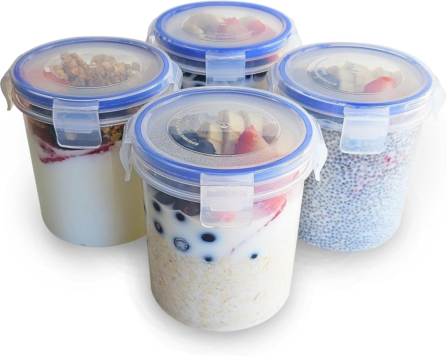 Overnight Oats Container with Lids (4-Piece Set) - 16 Oz Plastic Containers - Oatmeal Container to Go | Portable Cereal and Milk Container| Snap Lock Storage Jars with Airtight Lids