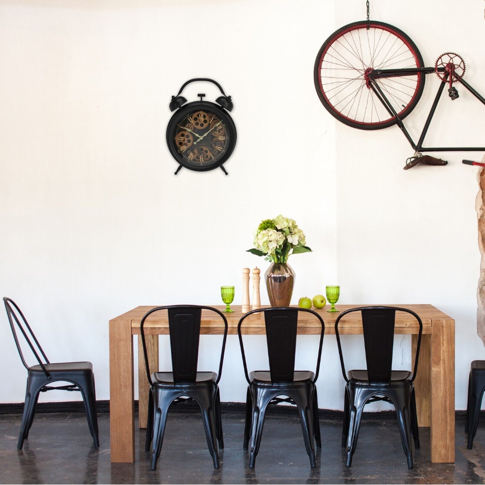 Black Vintage Clock Giant Display Hands Wall or Mantle Shelf Retro Visible Gears