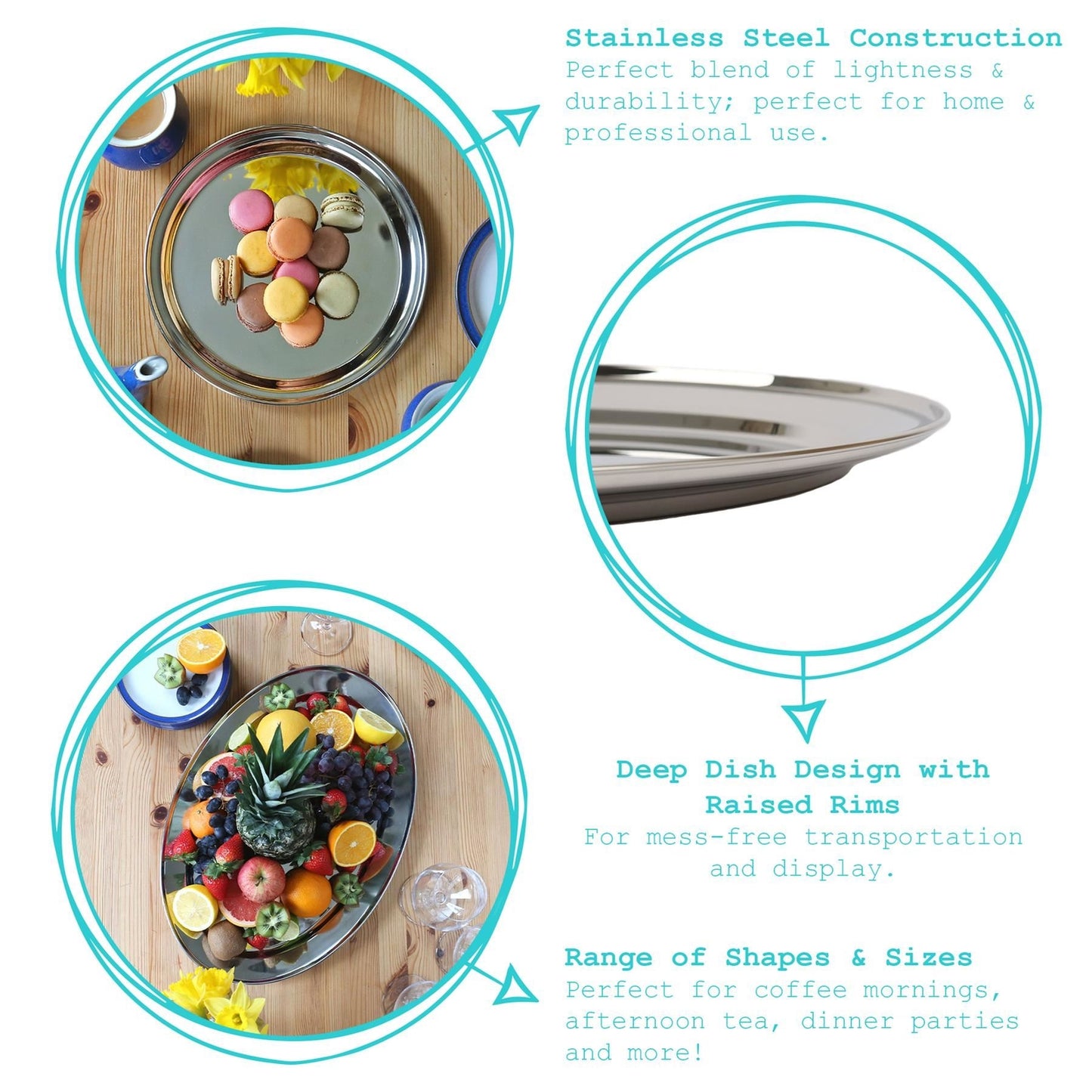 6X 35.5Cm round Stainless Steel Serving Trays Metal Food Tea Dinner Trays