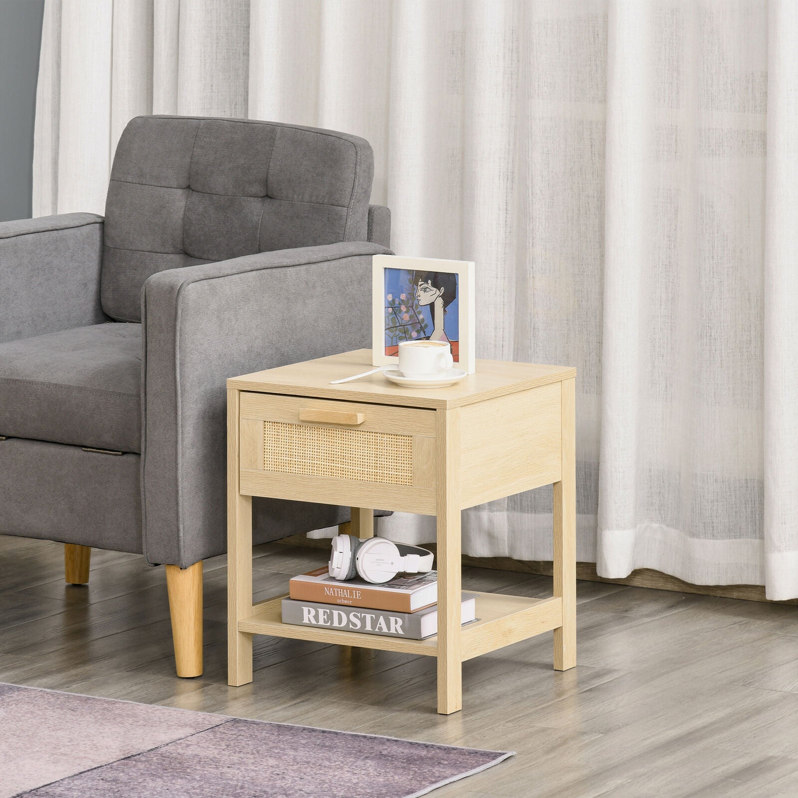 Bedside Table Nightstand W/ Rattan Drawer Storage Shelf Bedroom Living Room