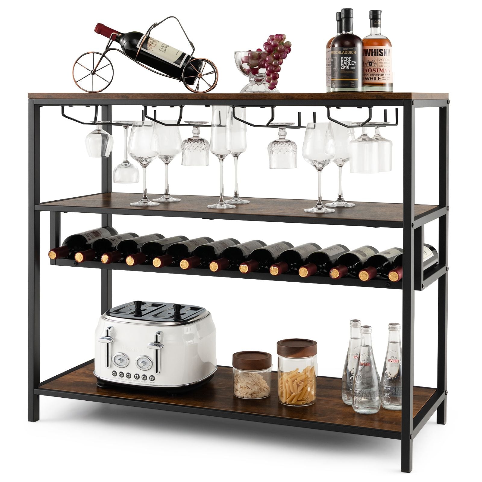Industrial Bar Cabinet with Wine Rack & 4 Rows of Glass Holders