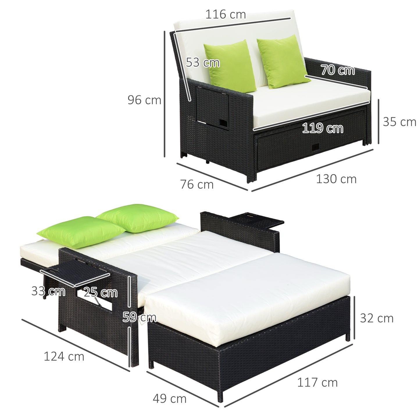 Garden Rattan Furniture Set 2 Seater Patio Sun Lounger Daybed Sunbed