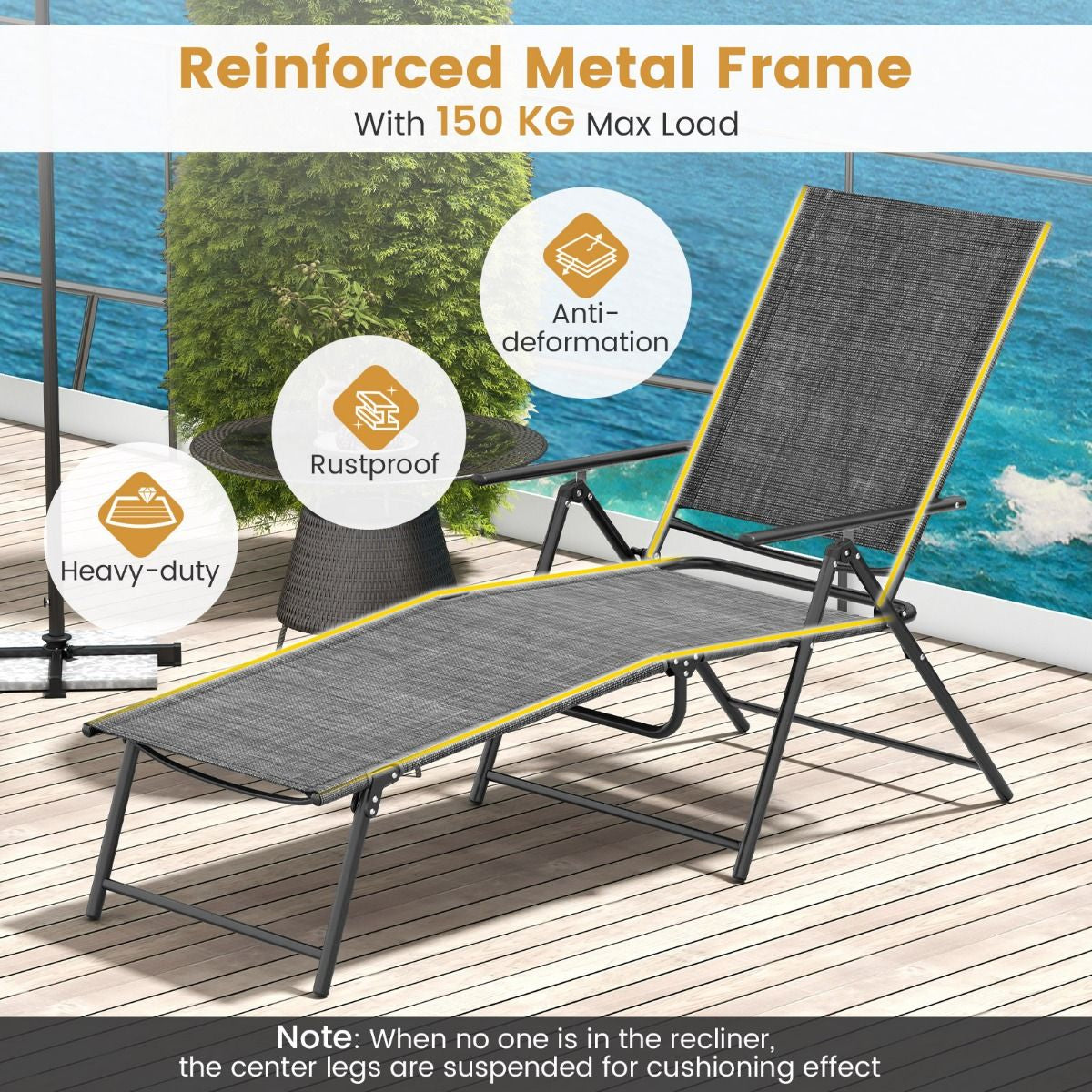 Patio Folding Chaise Lounge Chairs with 6-Level Backrest and Solid Metal Frame