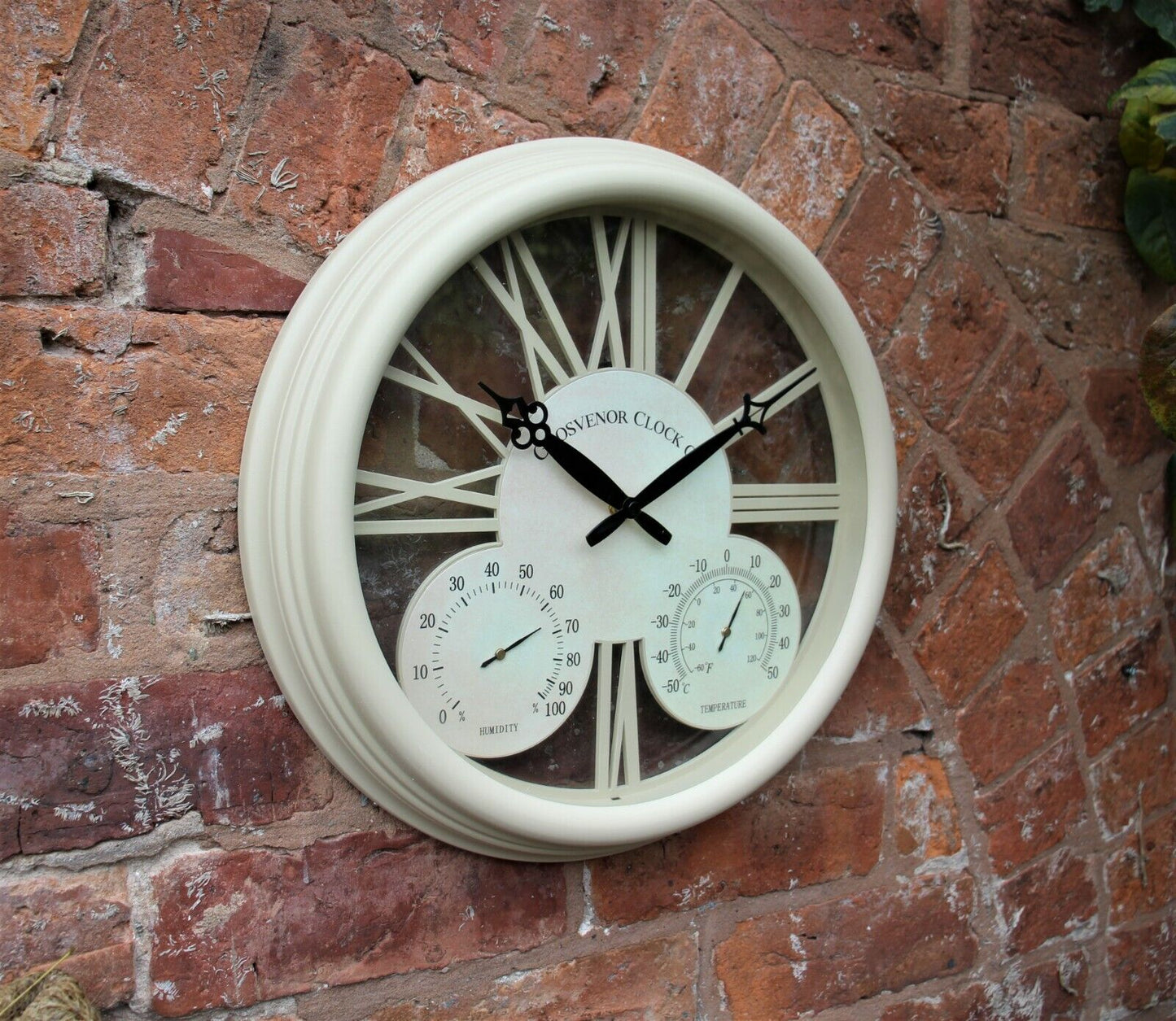 Outdoor Garden Station Wall Clock Thermometer & Humidity 38Cm Cream