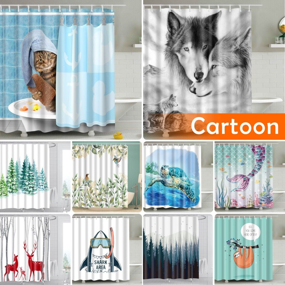 Funny Animals Shower Curtain Cute Cartoon 3D Shower Curtain Funny Cats 12 Hook
