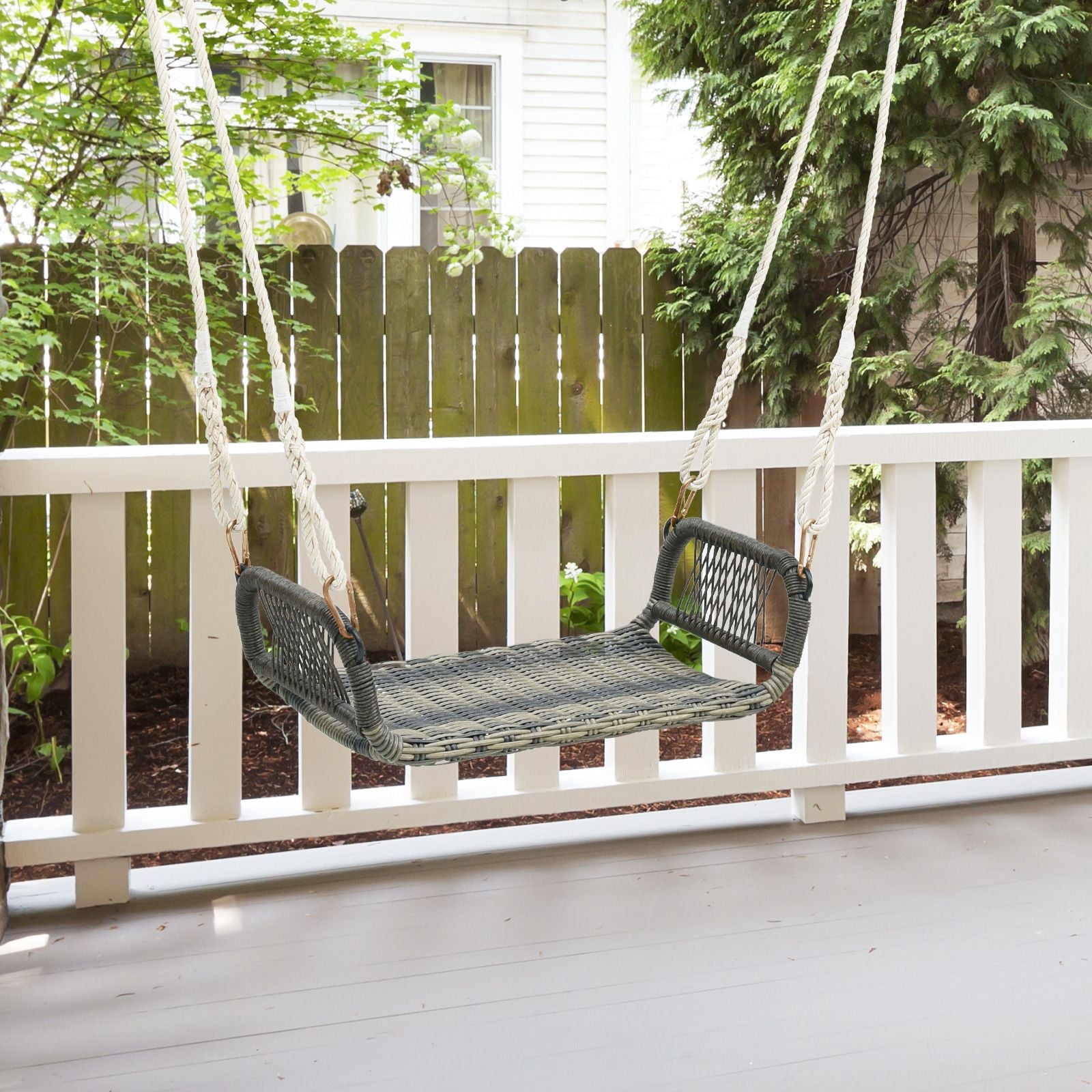 Patio Backless Rattan Swing Bench with Hanging Ropes