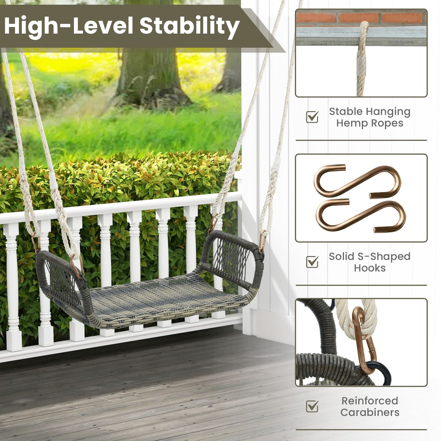Patio Backless Rattan Swing Bench with Hanging Ropes