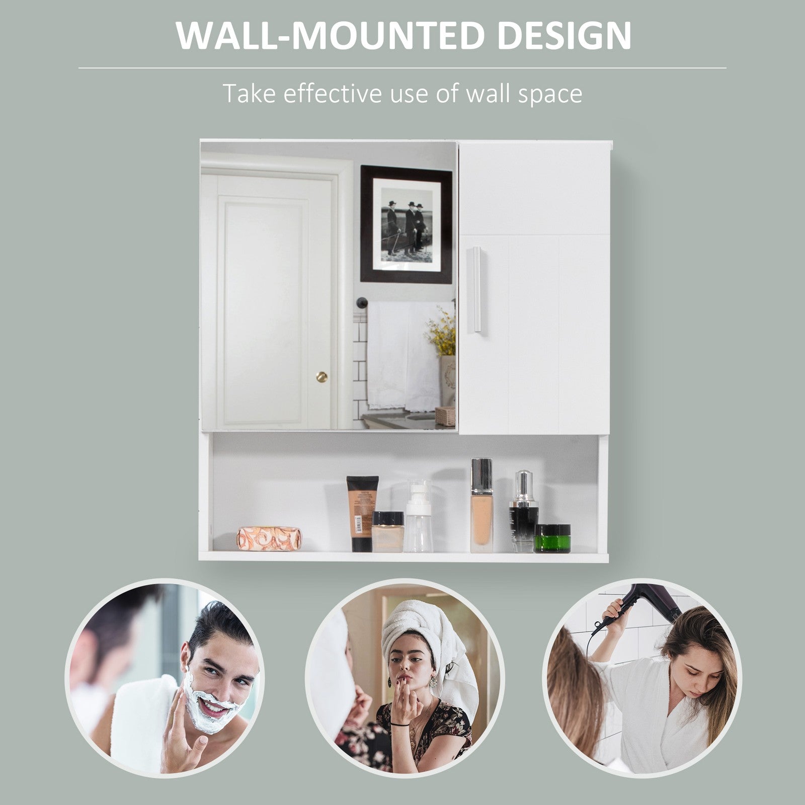 Bathroom Mirror Cabinet Wall Mount Storage Organizer W/ Door, Shelves, White