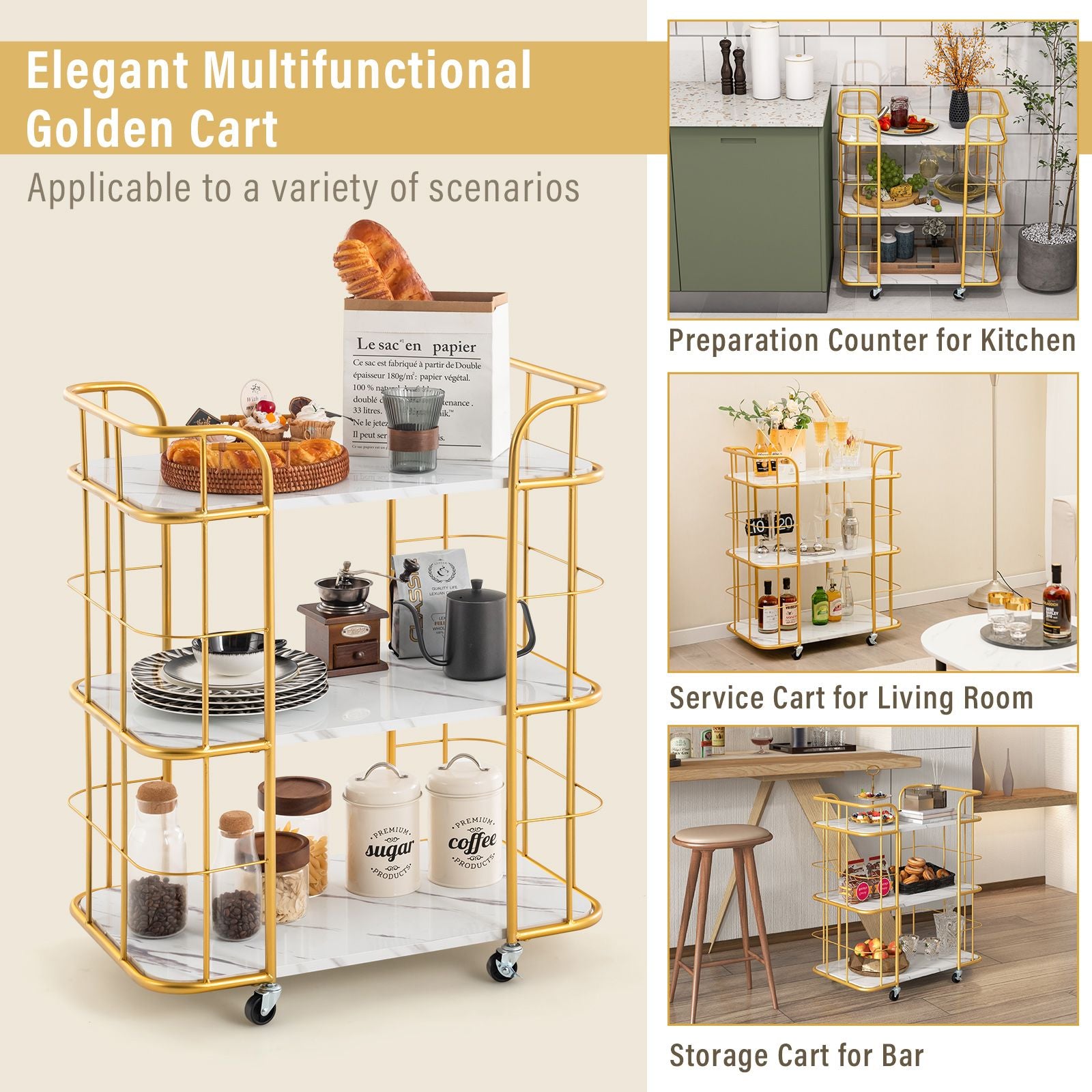 3-Tier Rolling Buffet Serving Cart with Lockable Wheels and Handles