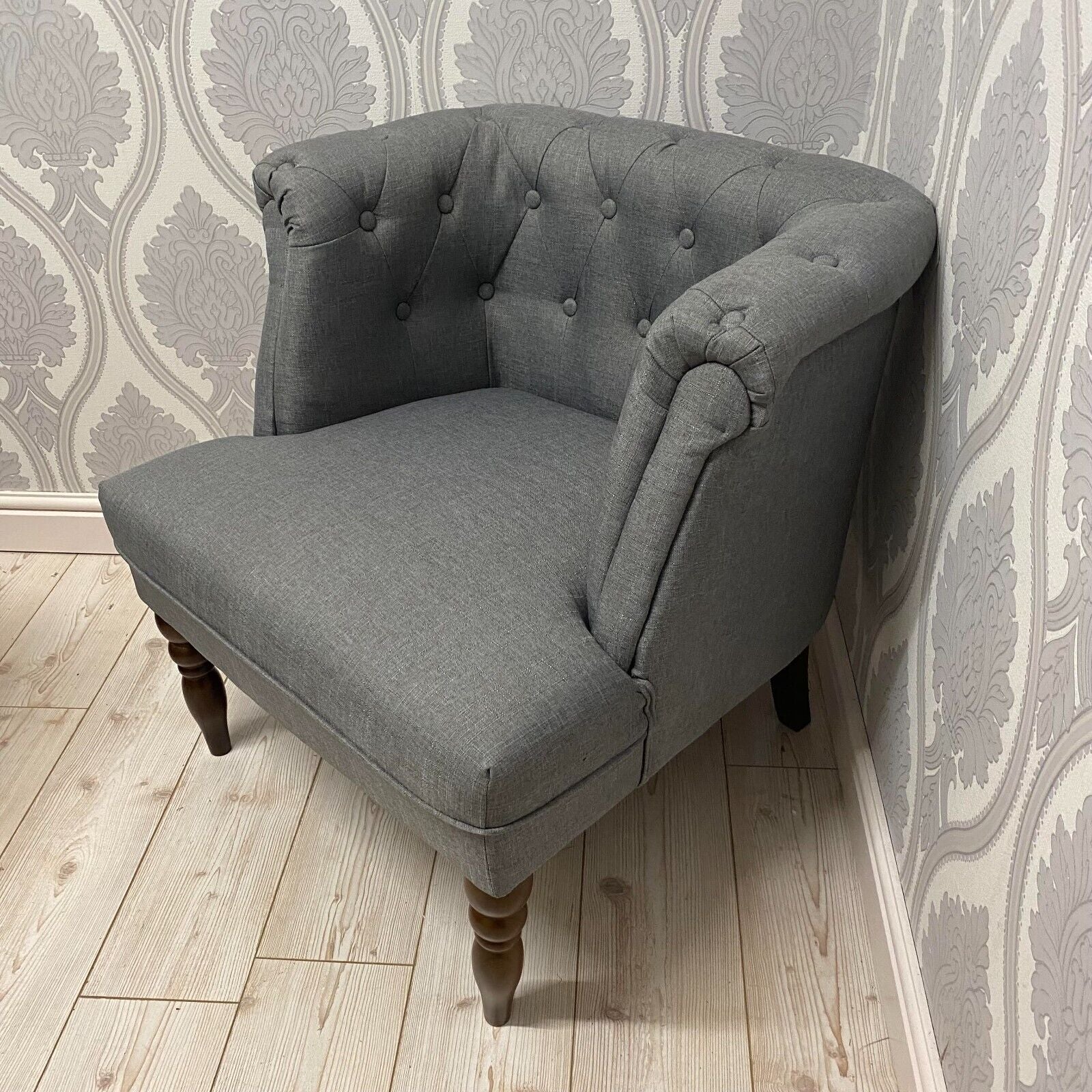Durable Grey Linen Tub Barrel/Dining Armchair - Stylish Padded Chair for Bedroom