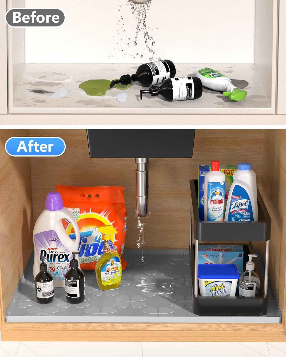 Waterproof under Sink Mat for 34" X 22" Cabinet Protector, Silicone Sink Mat for Kitchen and Bathroom, Easy to Clean Kitchen Cabinet Liner under Sink Drip Tray for Leaks